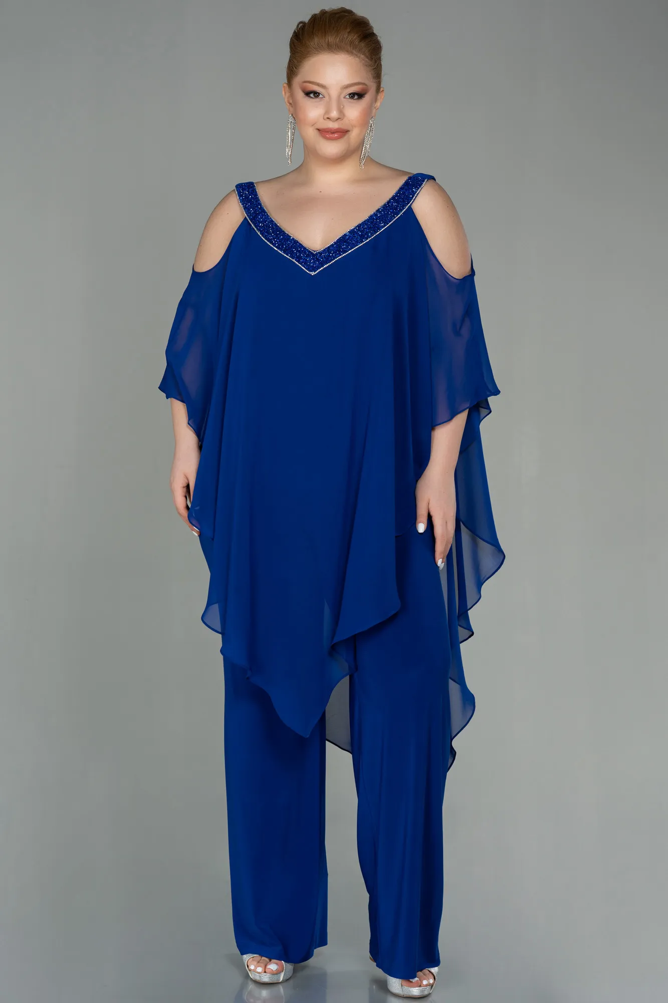 Sax Blue-Chiffon Plus Size Evening Dress ABT096
