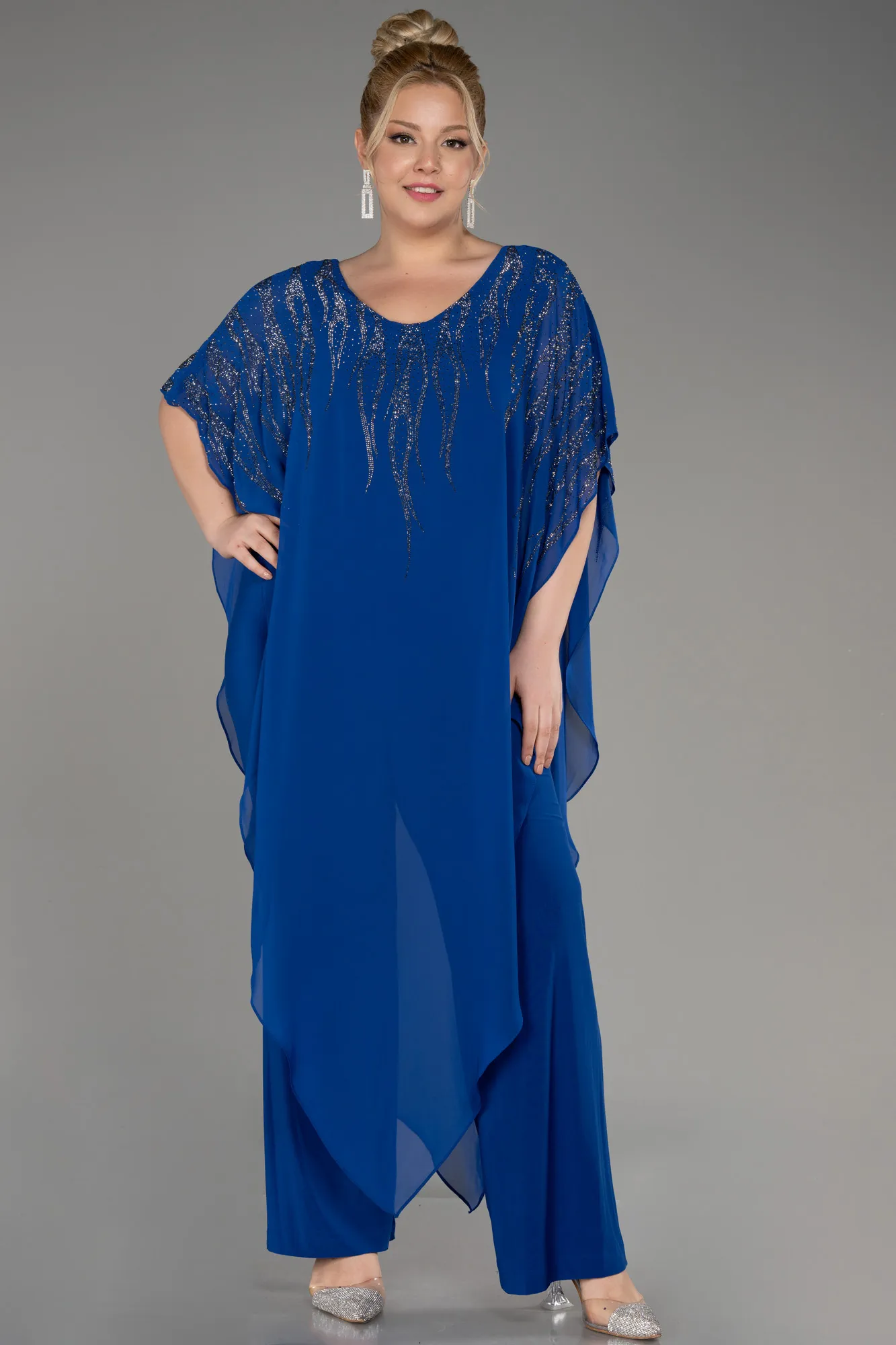 Sax Blue-Chiffon Plus Size Evening Dress ABT111