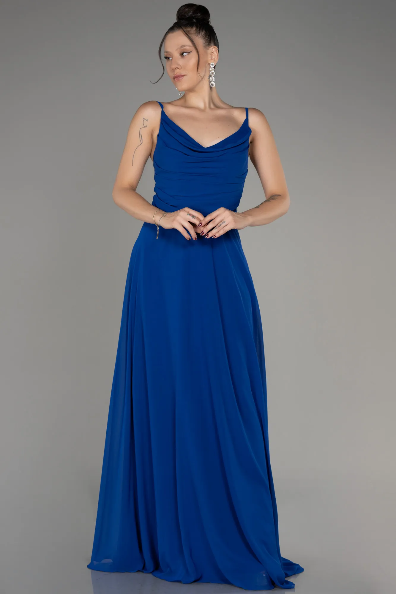 Sax Blue-Cowl Neck Long Chiffon Evening Dress ABU4041