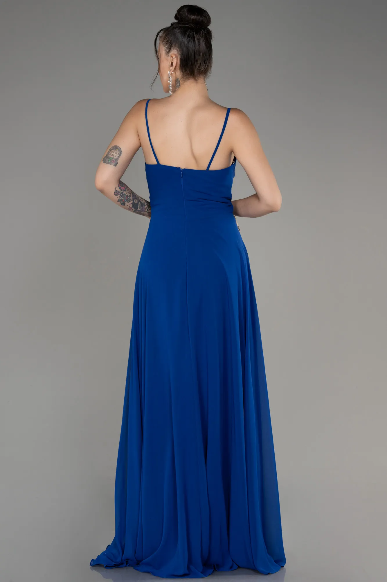 Sax Blue-Cowl Neck Long Chiffon Evening Dress ABU4041