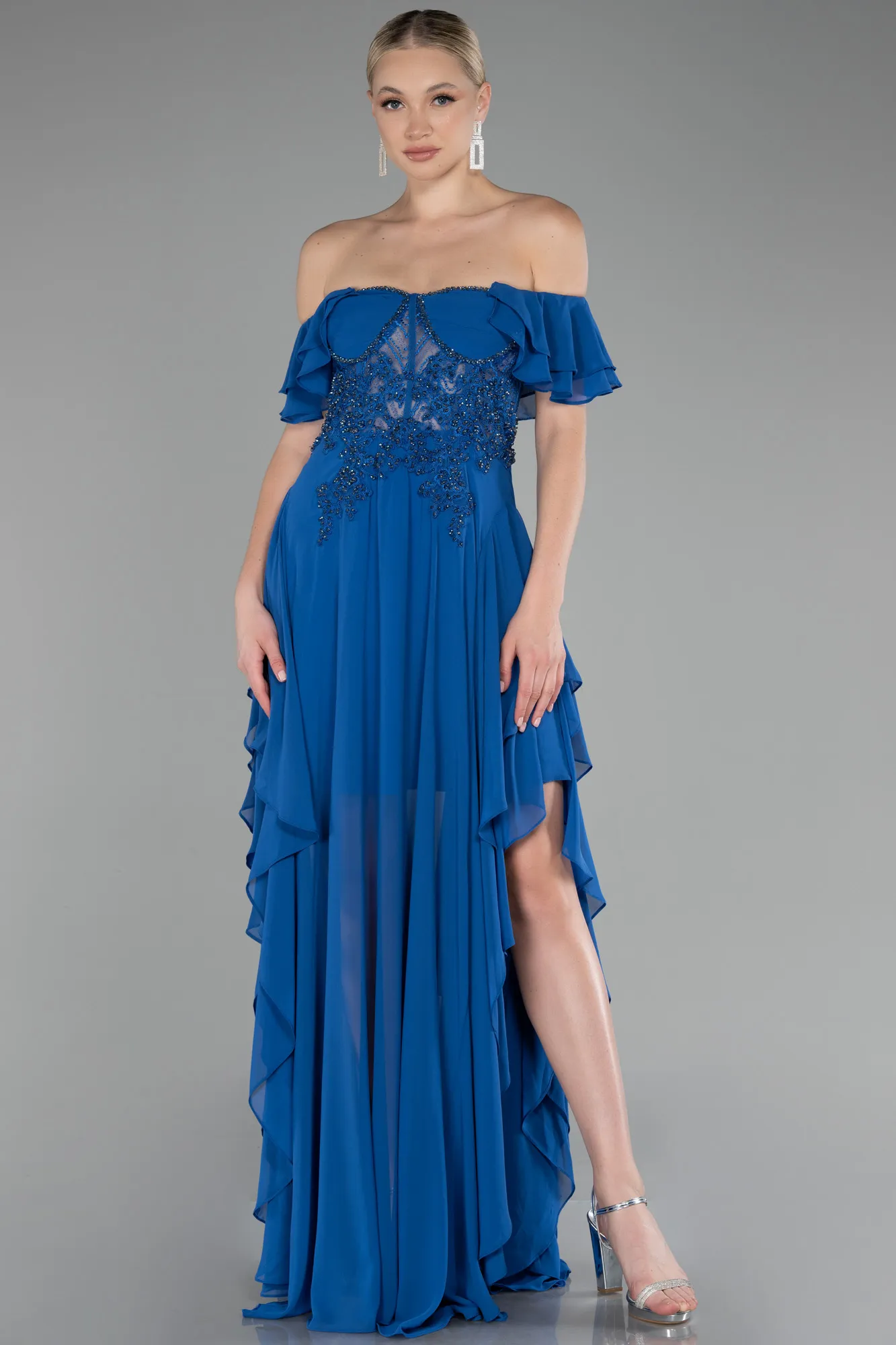 Sax Blue-Dantelle Boat Neck Slit Long Chiffon Prom Dress ABU4175