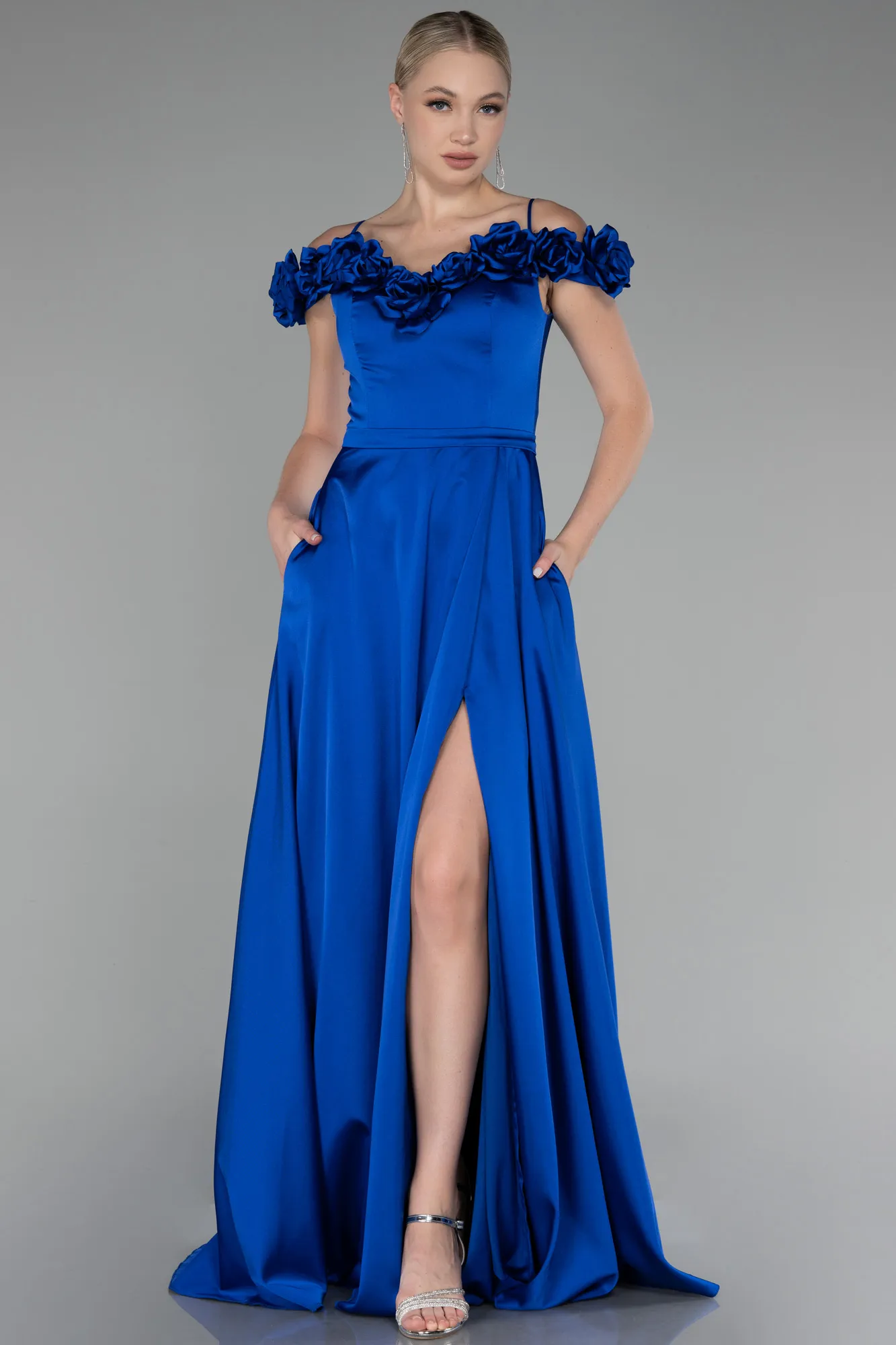 Sax Blue-Floral Boat Neck Slit Long Satin Evening Dress ABU4123