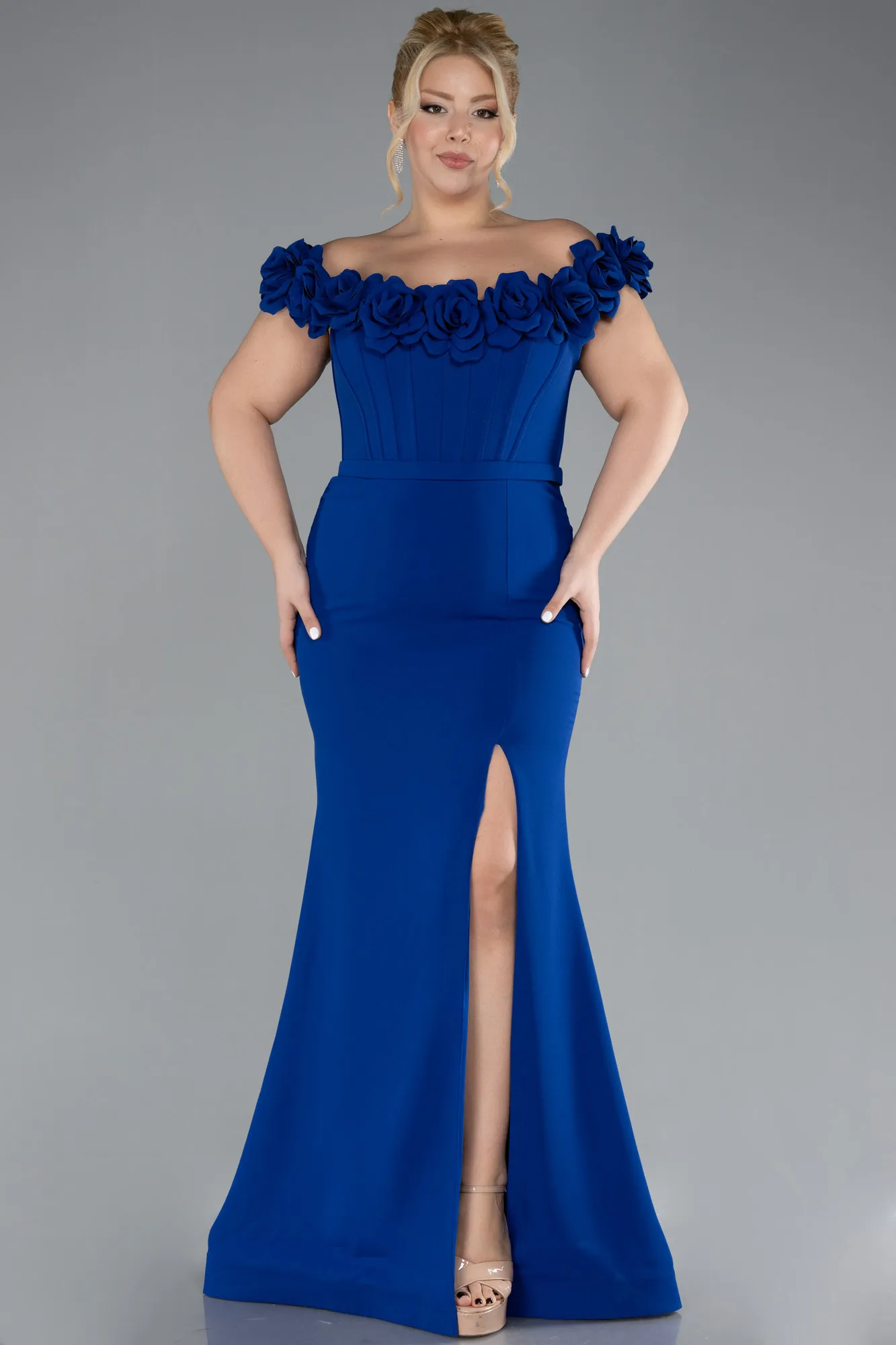 Sax Blue-Floral Collar Slit Long Plus Size Evening Gown ABU4388