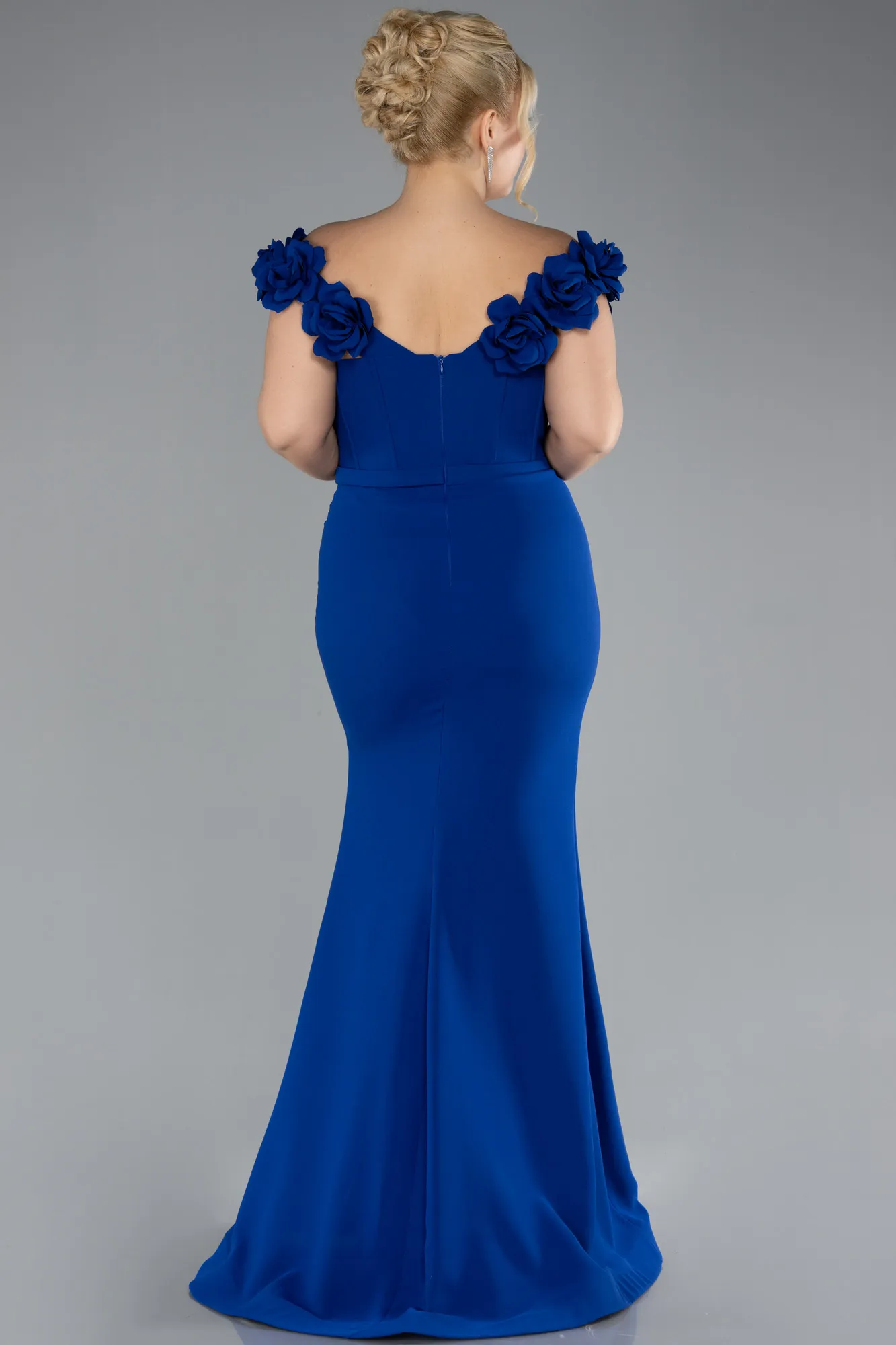 Sax Blue-Floral Collar Slit Long Plus Size Evening Gown ABU4388