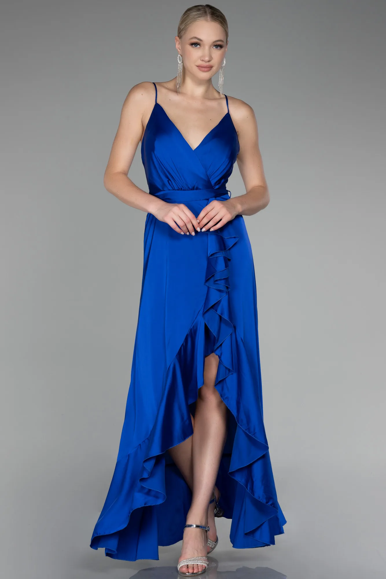 Sax Blue-Front Short Back Long Satin Prom Gown ABO109