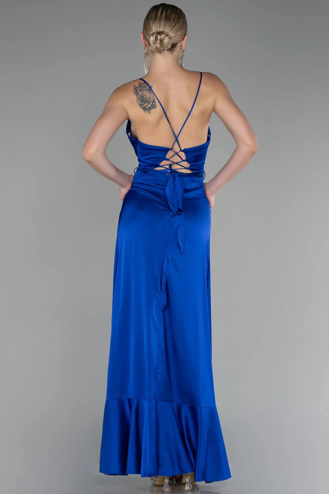 Sax Blue-Front Short Back Long Satin Prom Gown ABO109