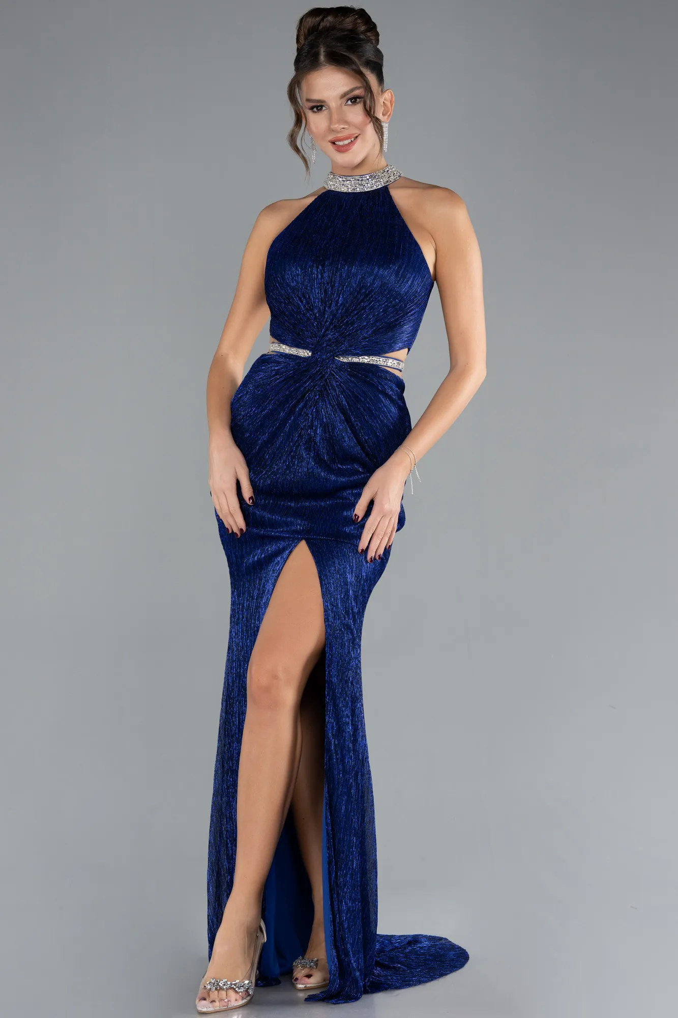 Sax Blue-Halter Neck Slit Long Evening Gown ABU4324