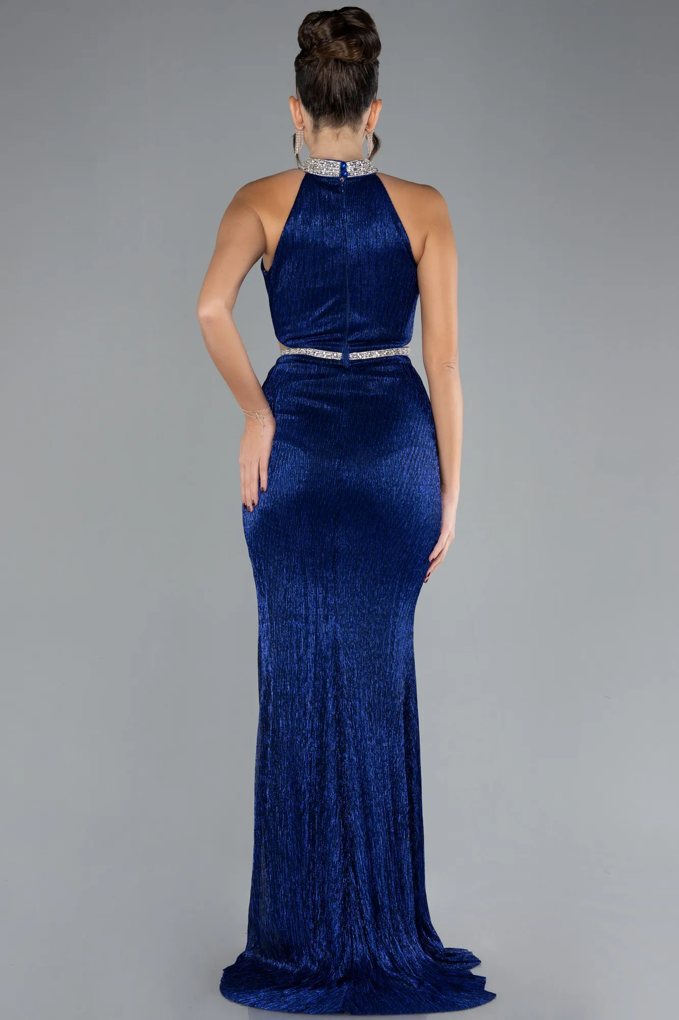 Sax Blue-Halter Neck Slit Long Evening Gown ABU4324