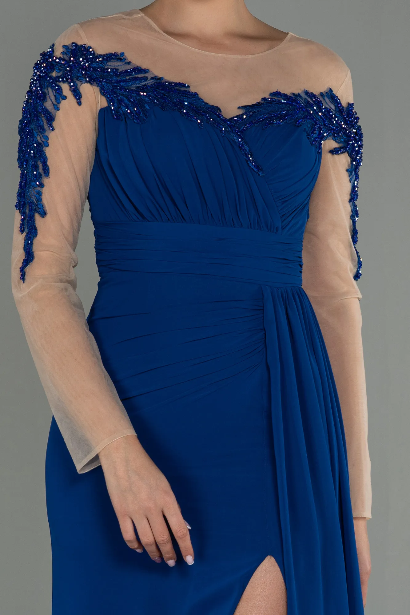 Sax Blue-Long Chiffon Evening Dress ABU3012