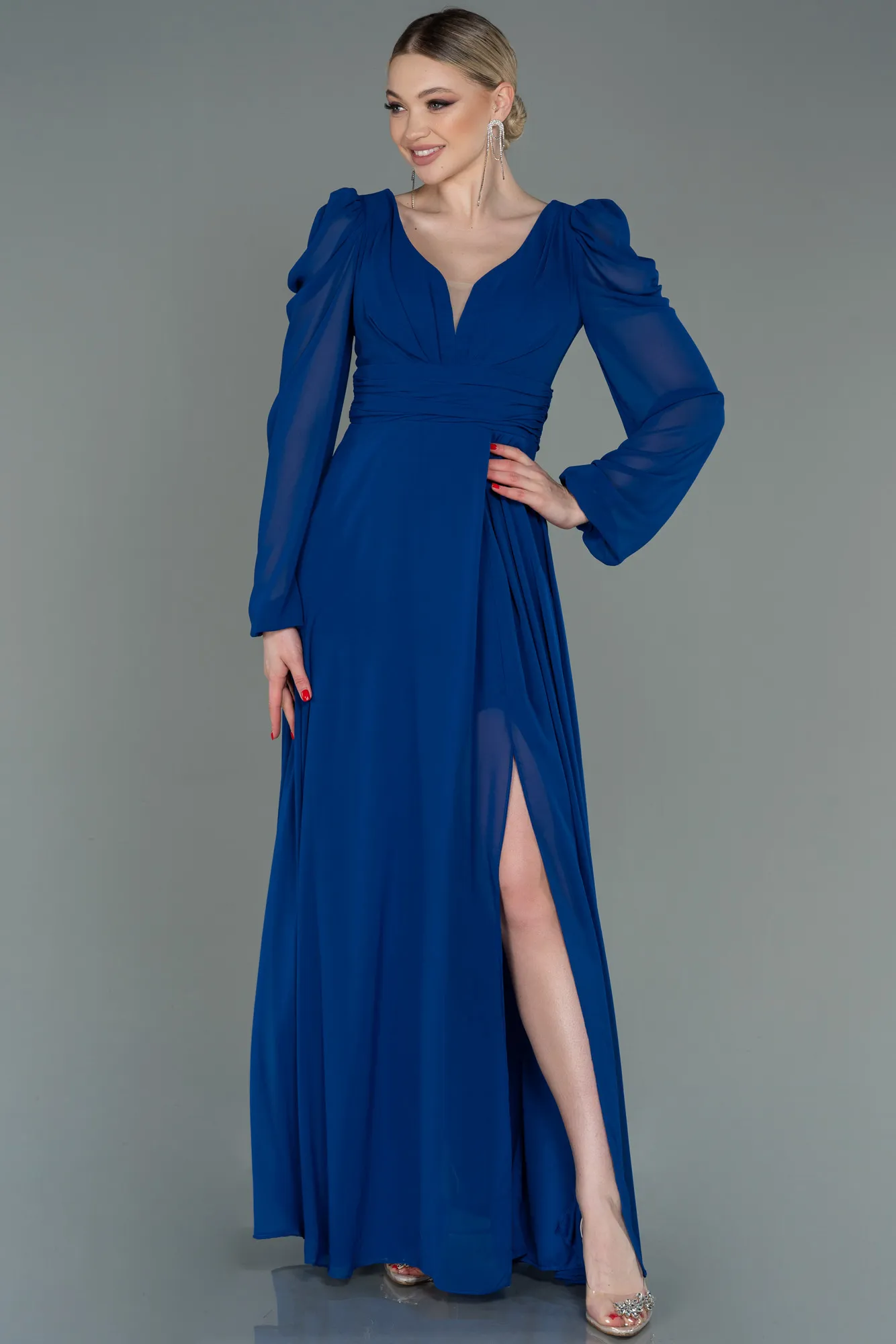 Sax Blue-Long Chiffon Evening Dress ABU3085
