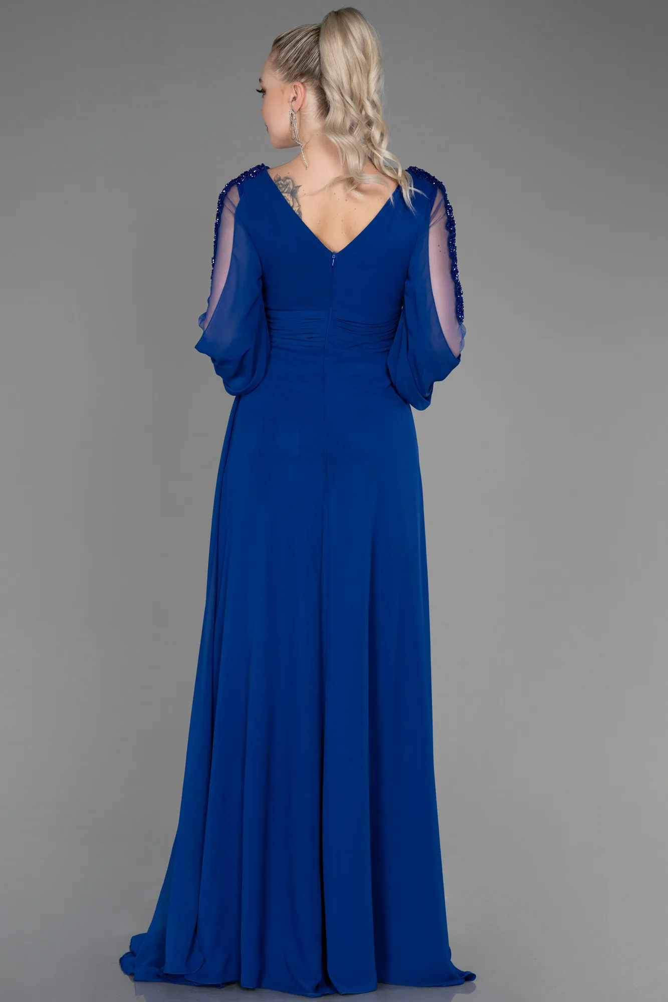 Sax Blue-Long Chiffon Evening Dress ABU3220