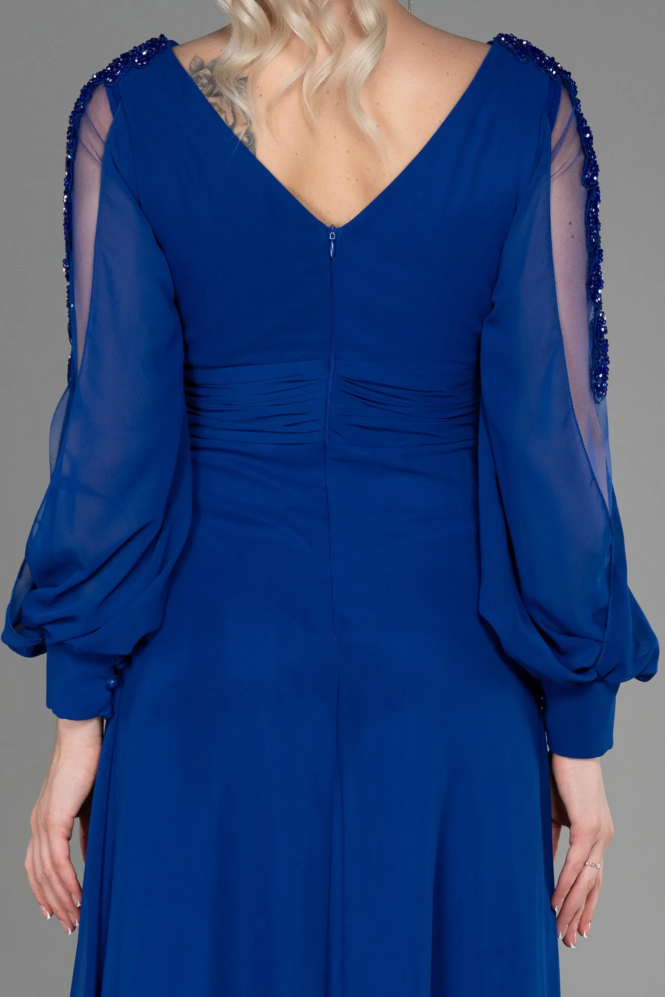 Sax Blue-Long Chiffon Evening Dress ABU3220