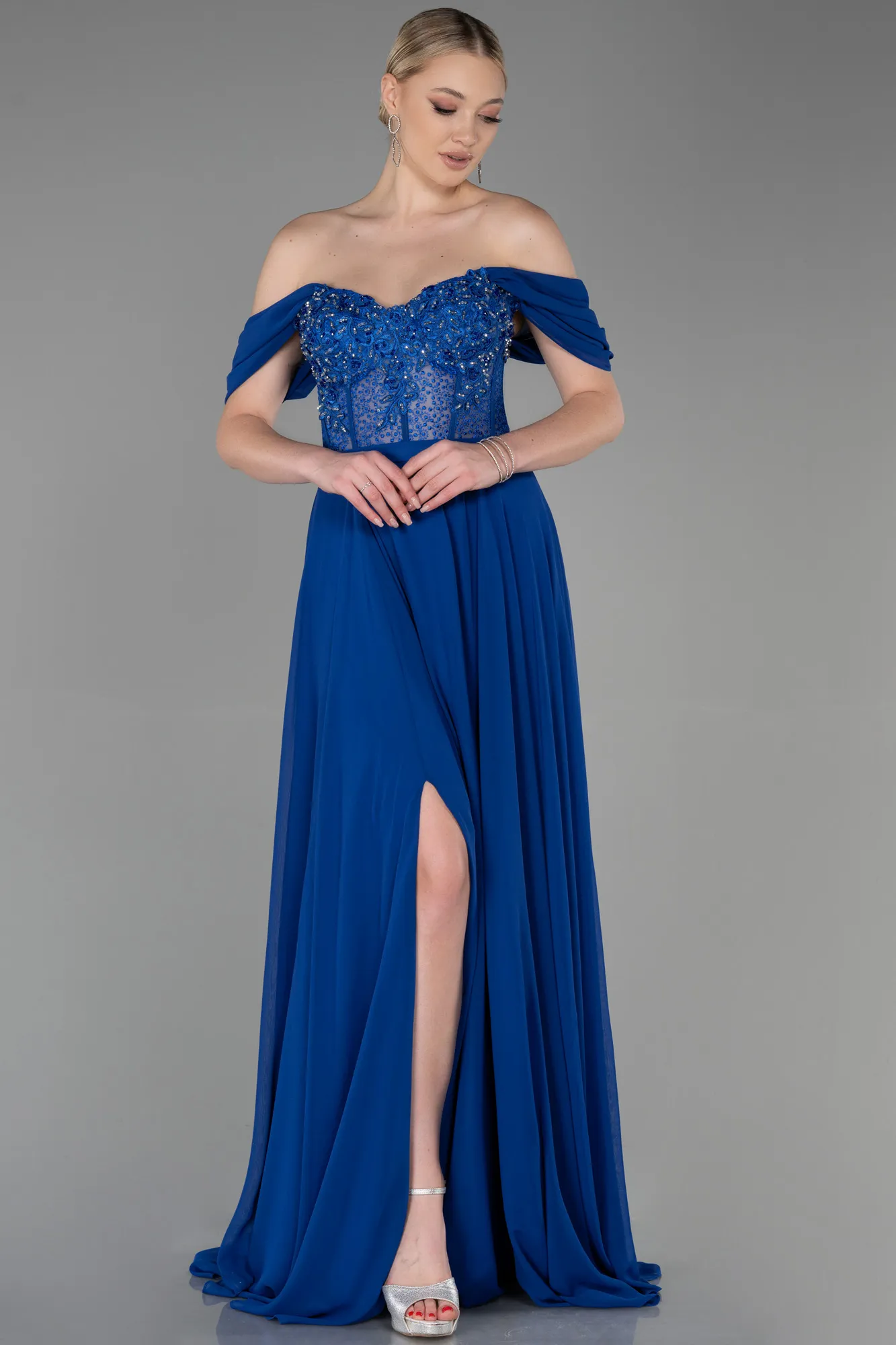 Sax Blue-Long Chiffon Evening Dress ABU3310