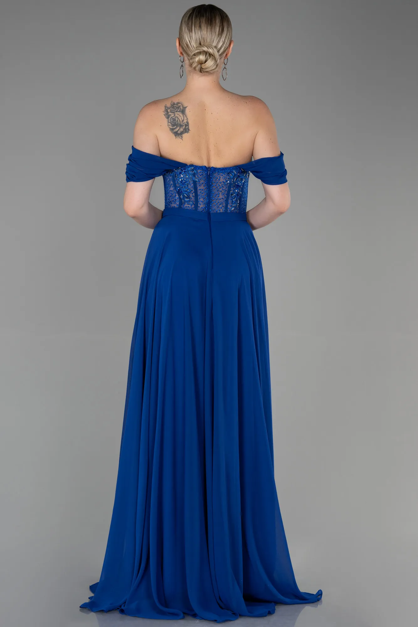 Sax Blue-Long Chiffon Evening Dress ABU3310