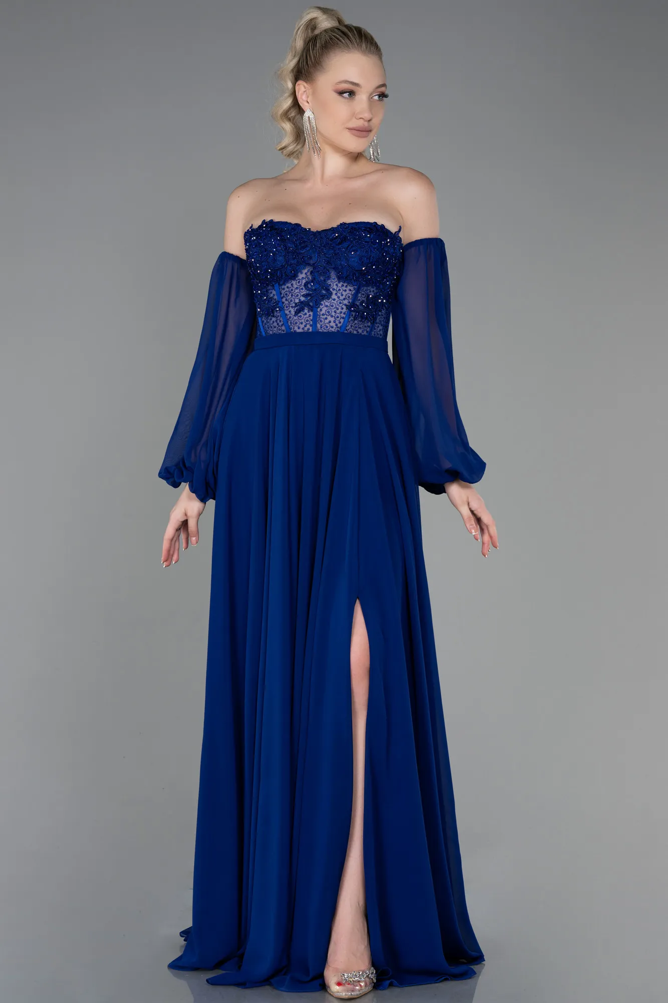Sax Blue-Long Chiffon Evening Dress ABU3450