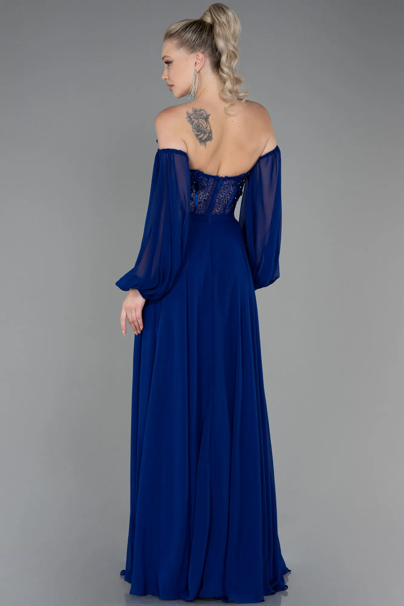 Sax Blue-Long Chiffon Evening Dress ABU3450