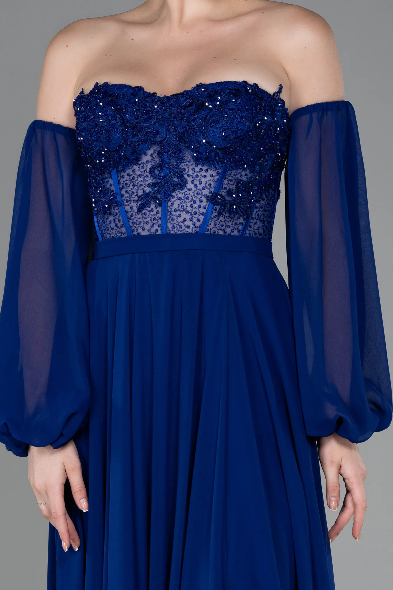 Sax Blue-Long Chiffon Evening Dress ABU3450