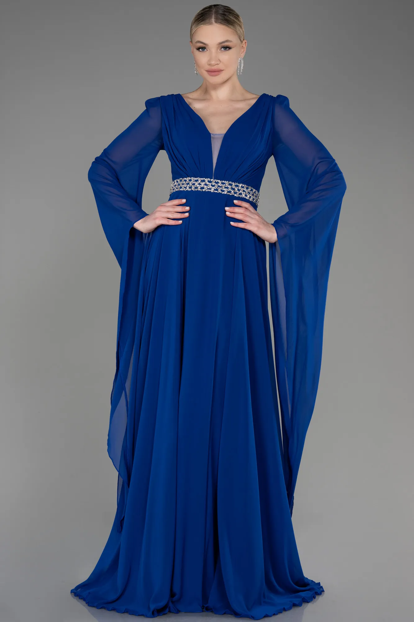 Sax Blue-Long Chiffon Evening Dress ABU3541