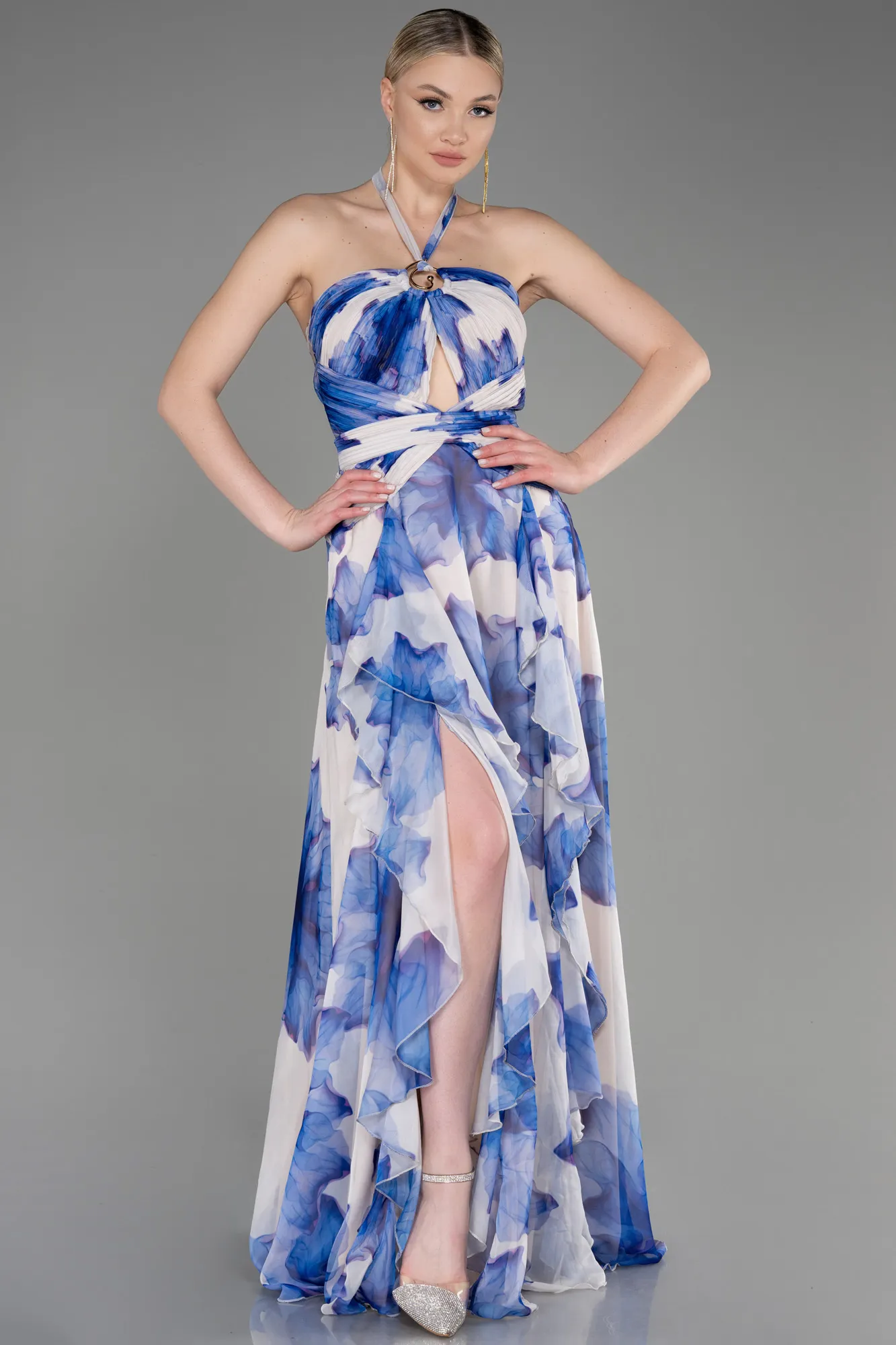 Sax Blue-Long Chiffon Evening Dress ABU3878