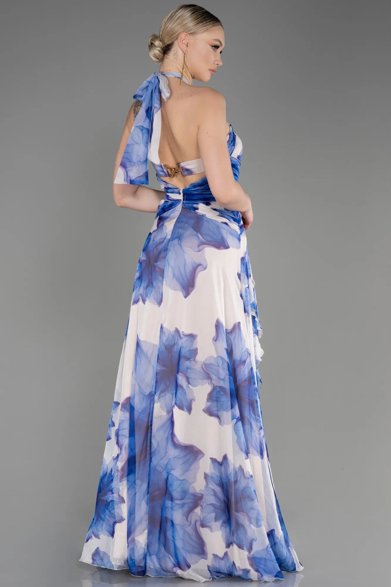 Sax Blue-Long Chiffon Evening Dress ABU3878