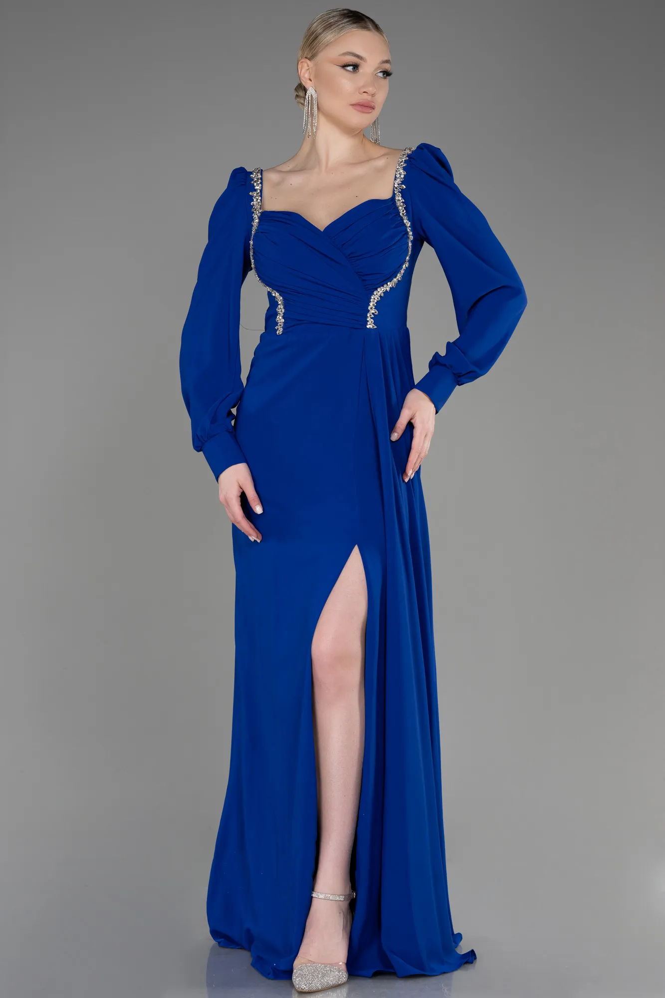 Sax Blue-Long Chiffon Evening Dress ABU3885