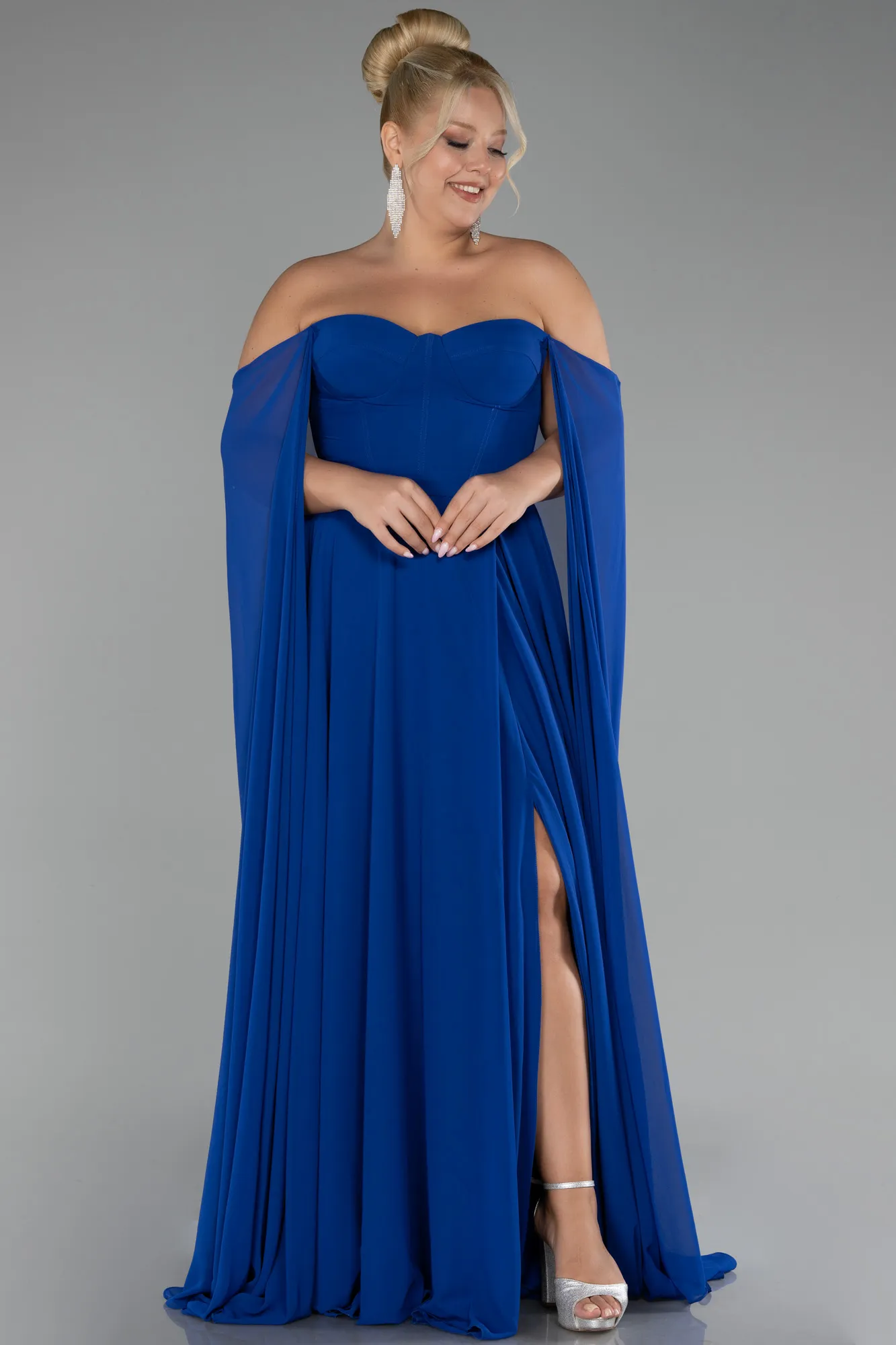 Sax Blue-Long Chiffon Formal Plus Size Dress ABU4161