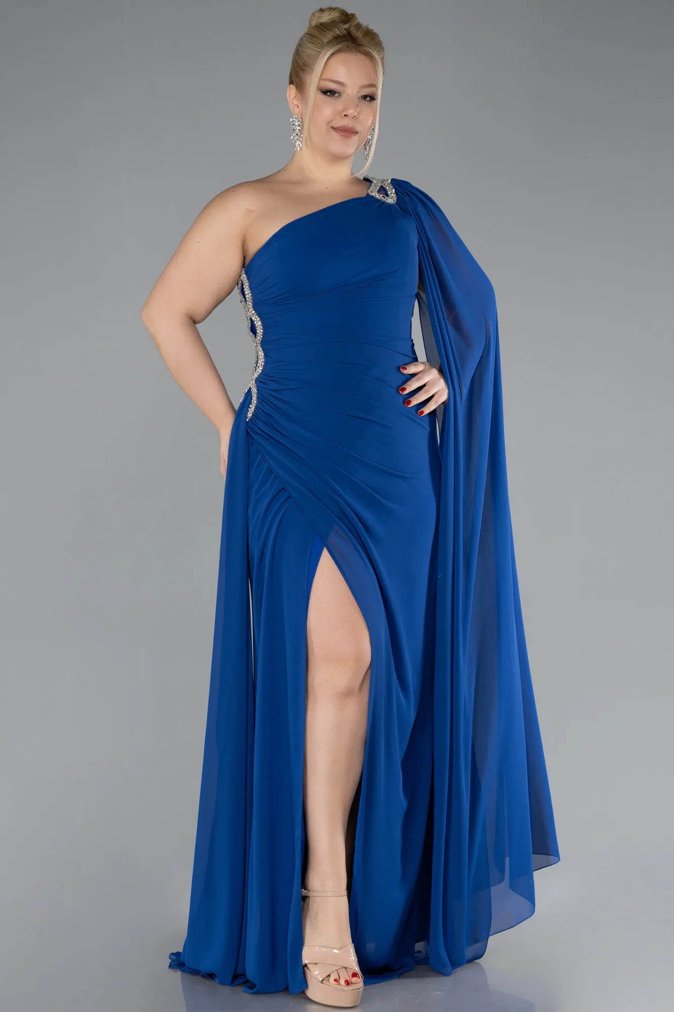 Sax Blue-Long Chiffon Formal Plus Size Dress ABU4407