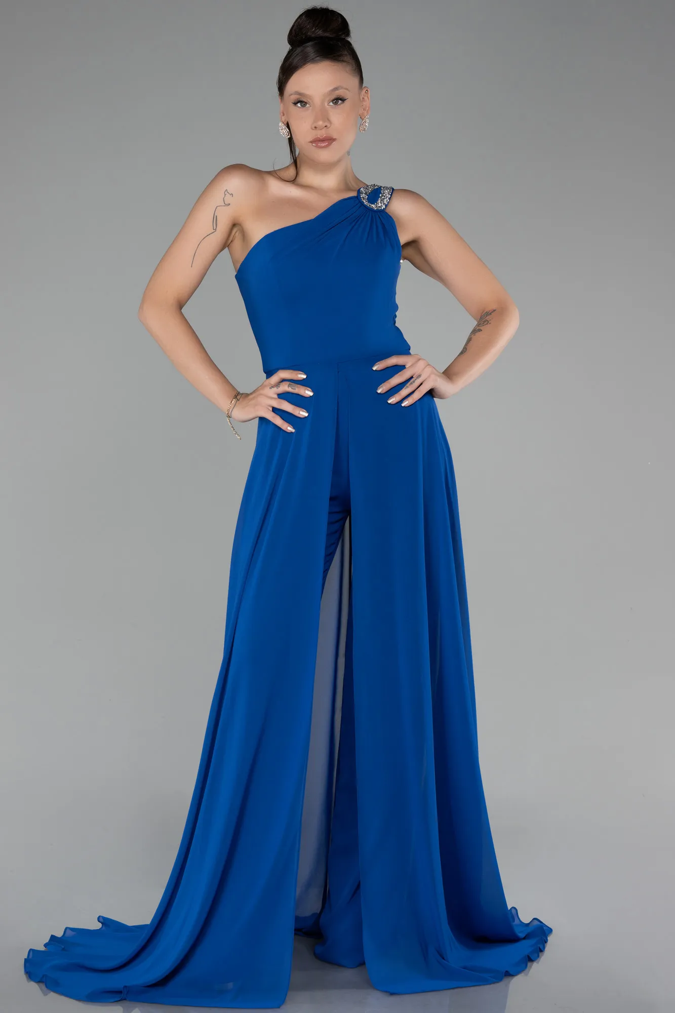 Sax Blue-Long Chiffon Party Evening Jumpsuit ABT116