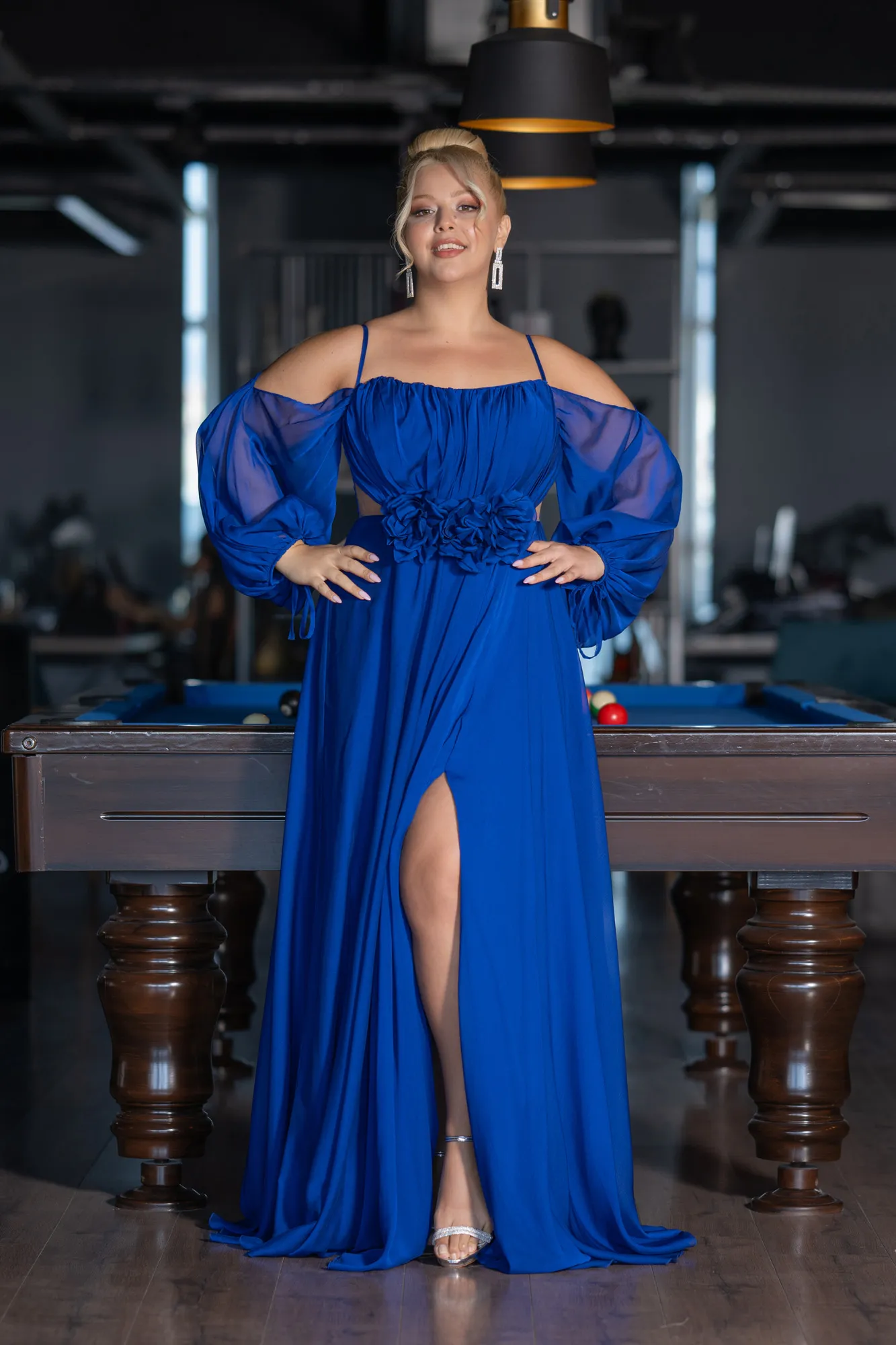 Sax Blue-Long Chiffon Plus Size Engagement Dress ABU4167