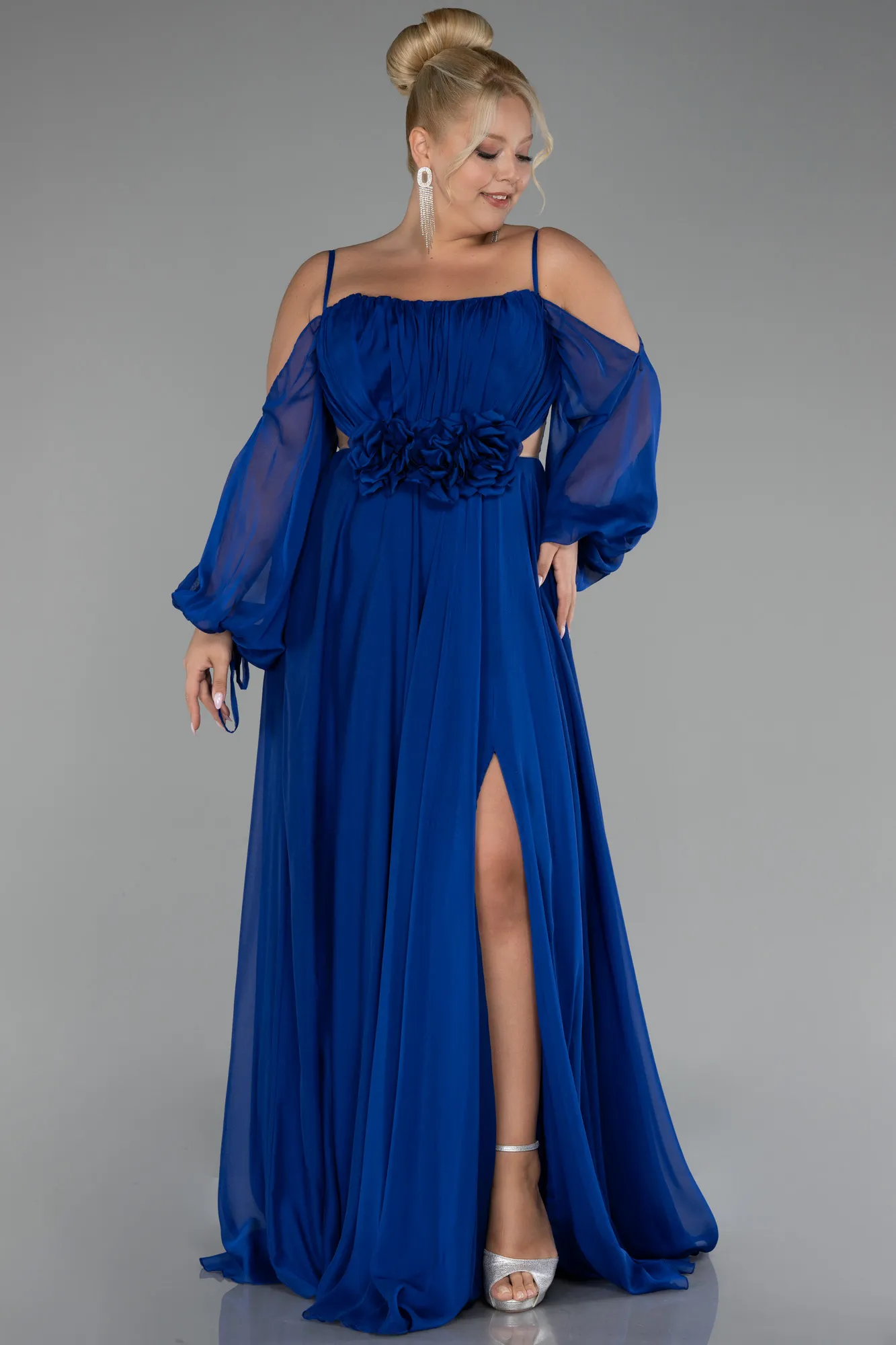 Sax Blue-Long Chiffon Plus Size Engagement Dress ABU4167