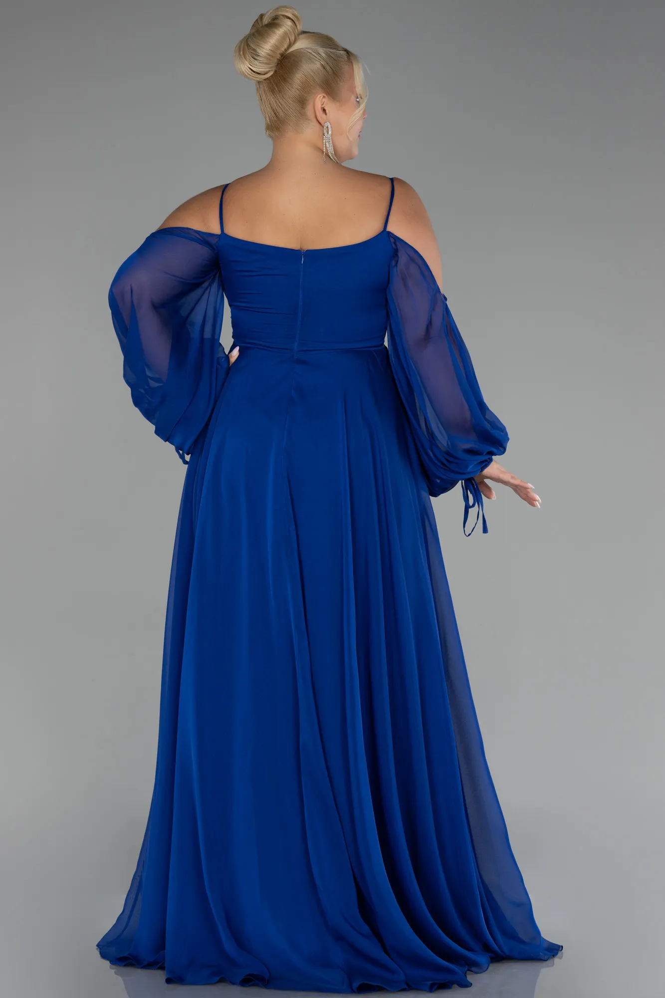 Sax Blue-Long Chiffon Plus Size Engagement Dress ABU4167