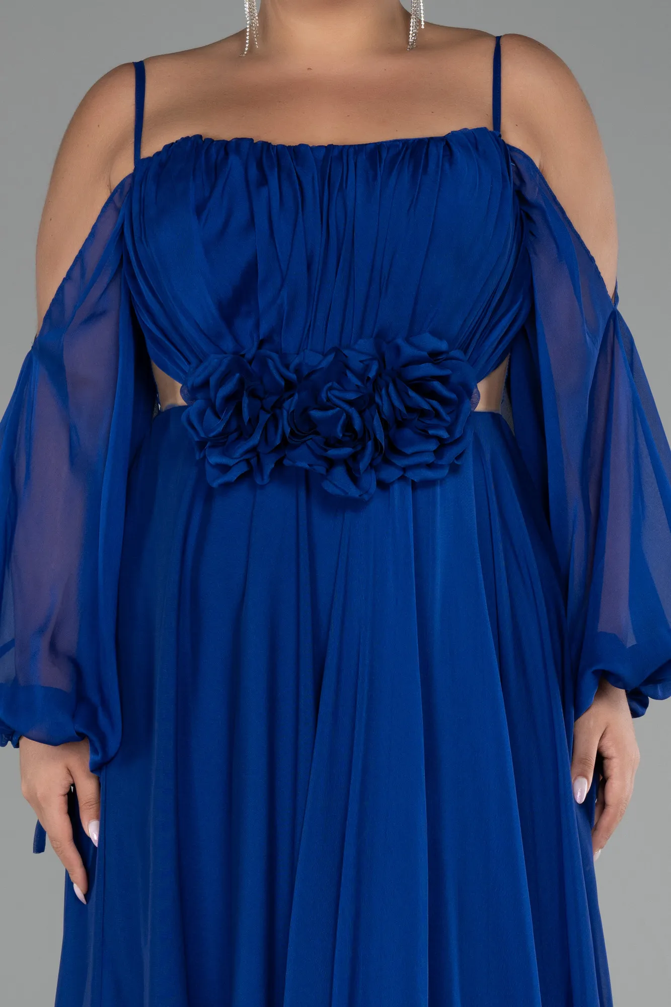 Sax Blue-Long Chiffon Plus Size Engagement Dress ABU4167