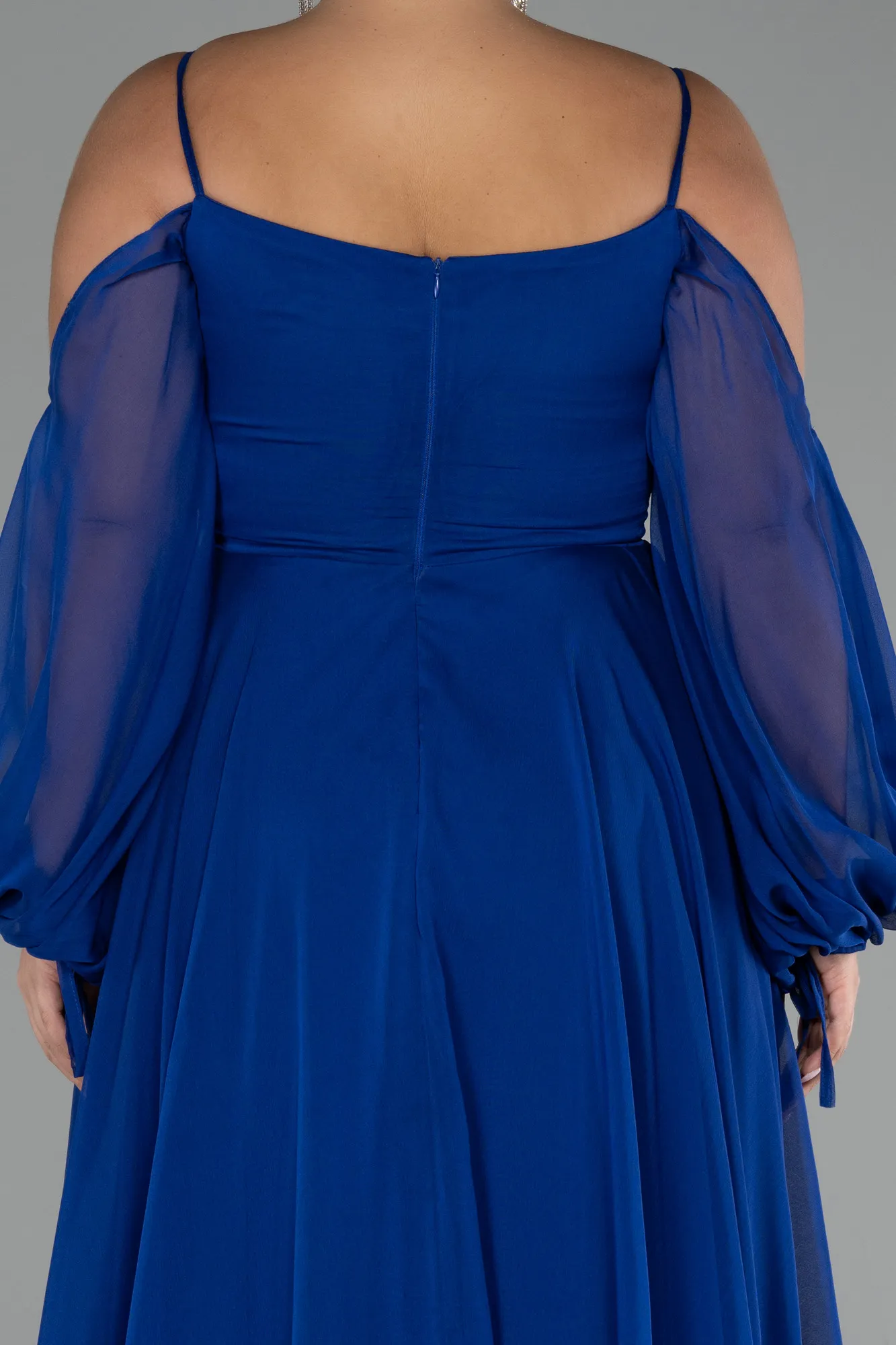 Sax Blue-Long Chiffon Plus Size Engagement Dress ABU4167