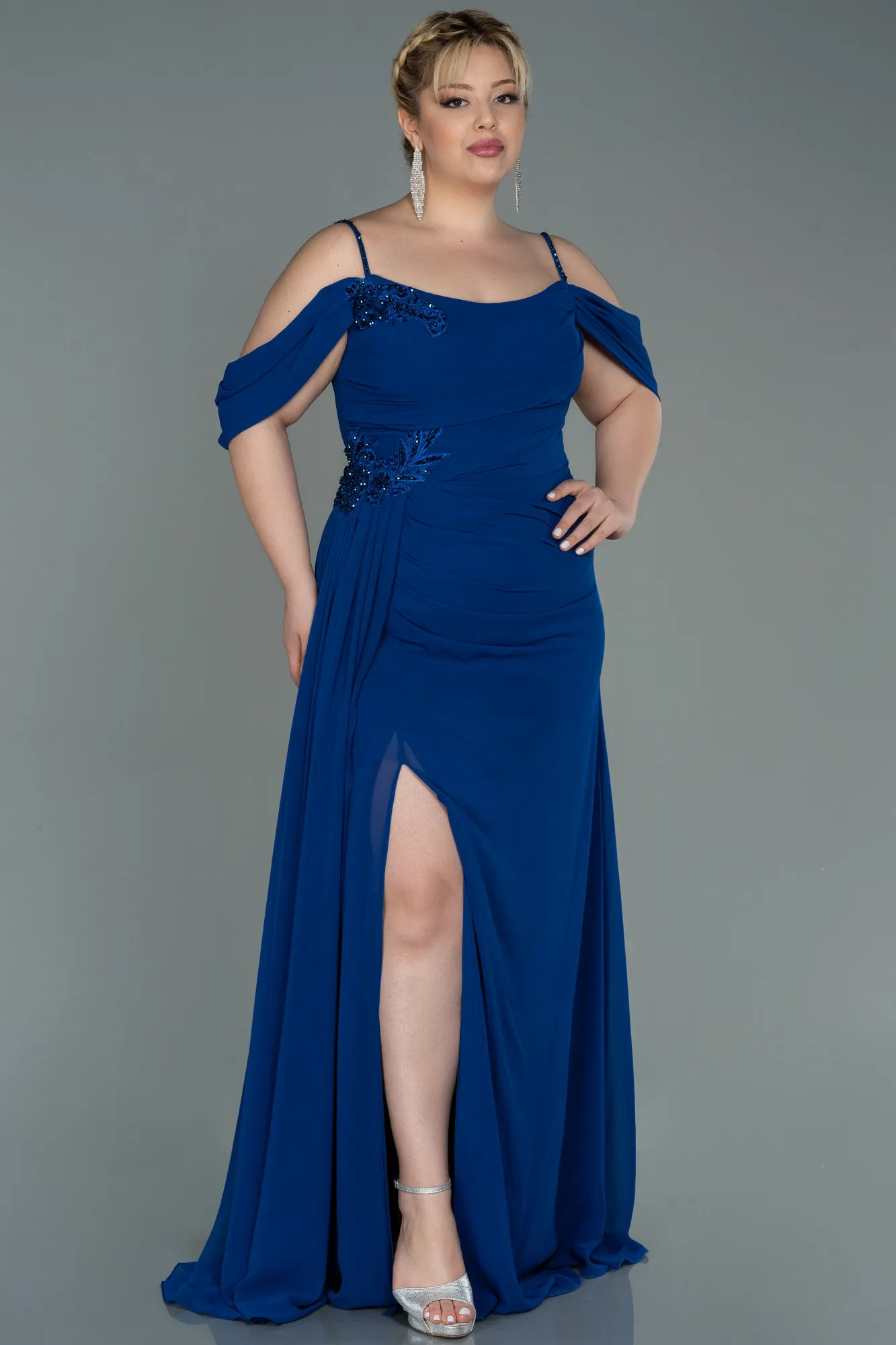 Sax Blue-Long Chiffon Plus Size Evening Dress ABU2929