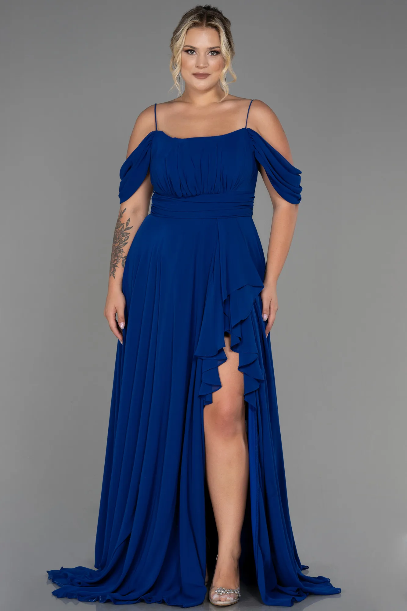 Sax Blue-Long Chiffon Plus Size Evening Dress ABU3168