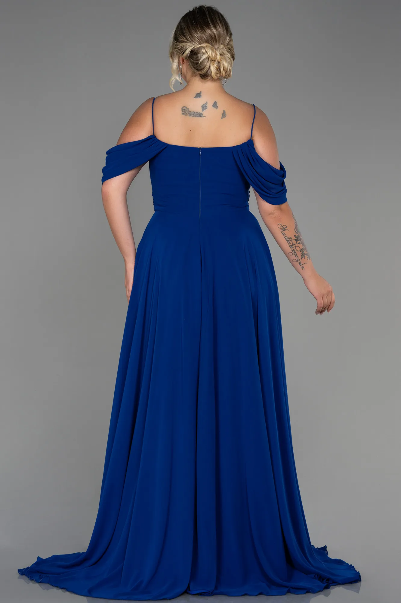 Sax Blue-Long Chiffon Plus Size Evening Dress ABU3168