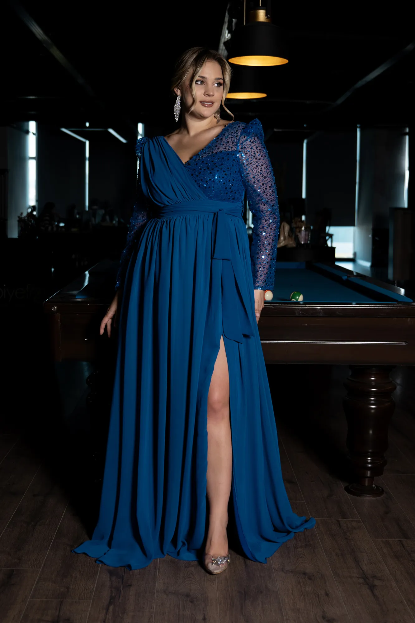Sax Blue-Long Chiffon Plus Size Evening Dress ABU3186