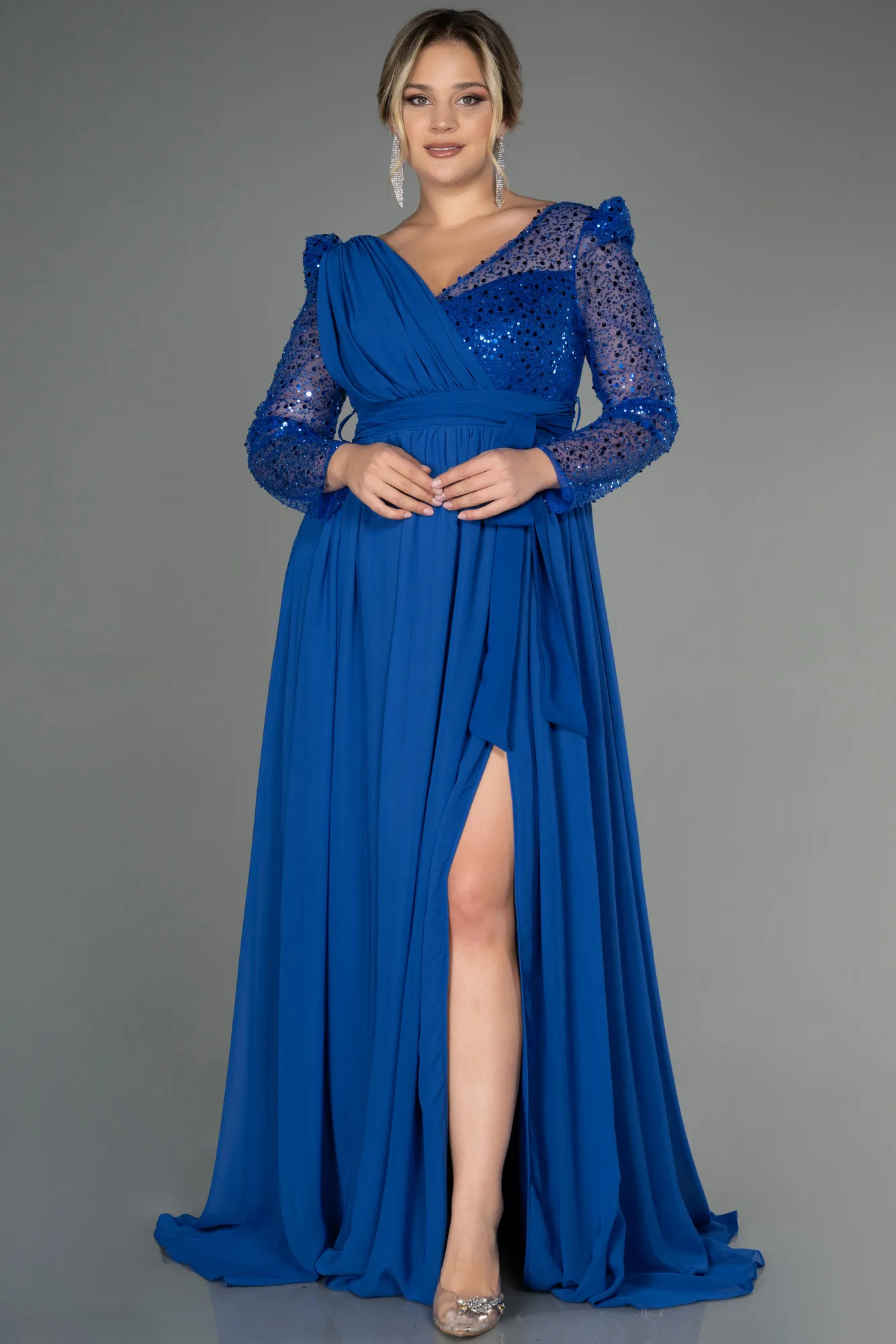 Sax Blue-Long Chiffon Plus Size Evening Dress ABU3186