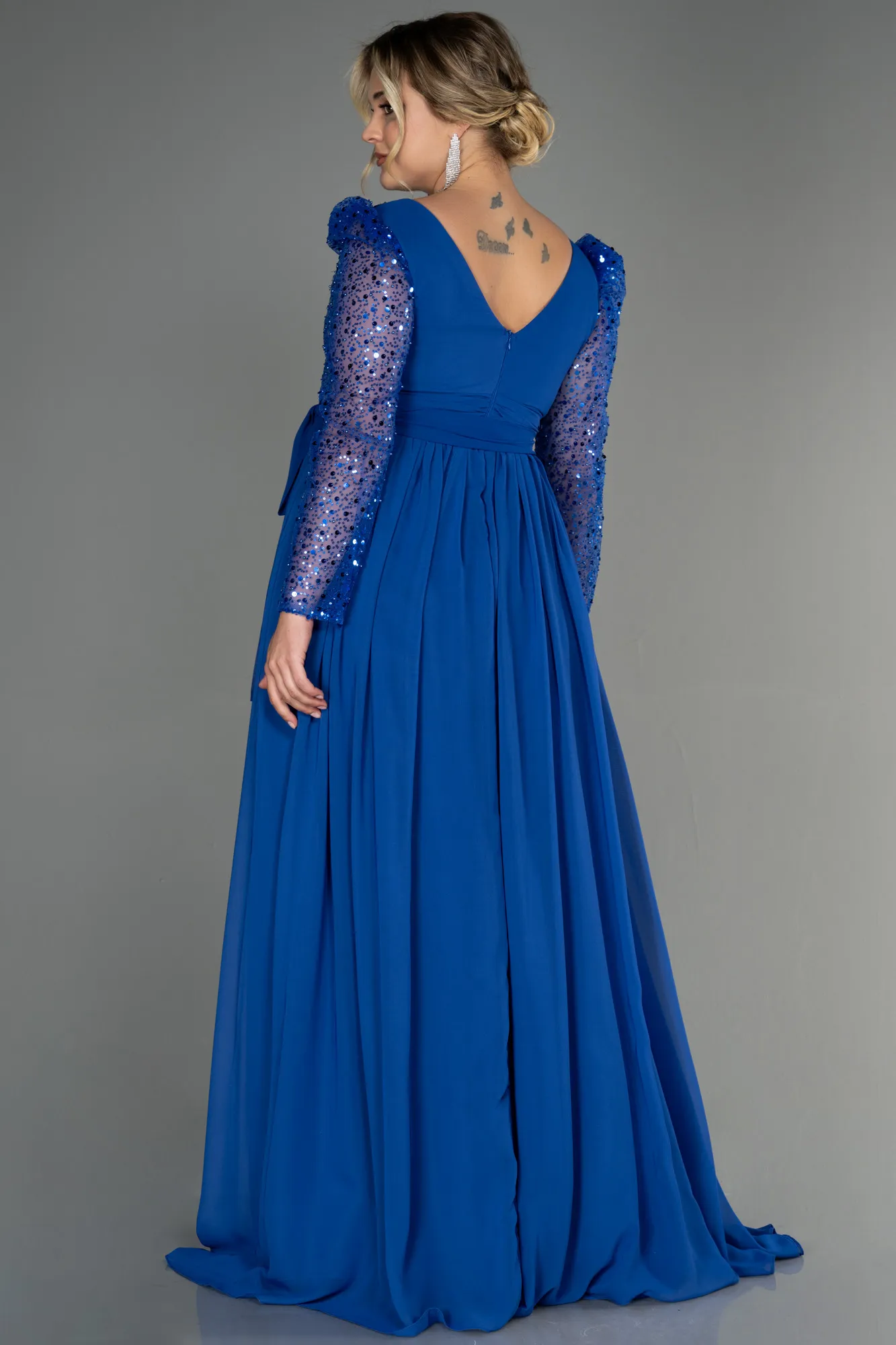 Sax Blue-Long Chiffon Plus Size Evening Dress ABU3186