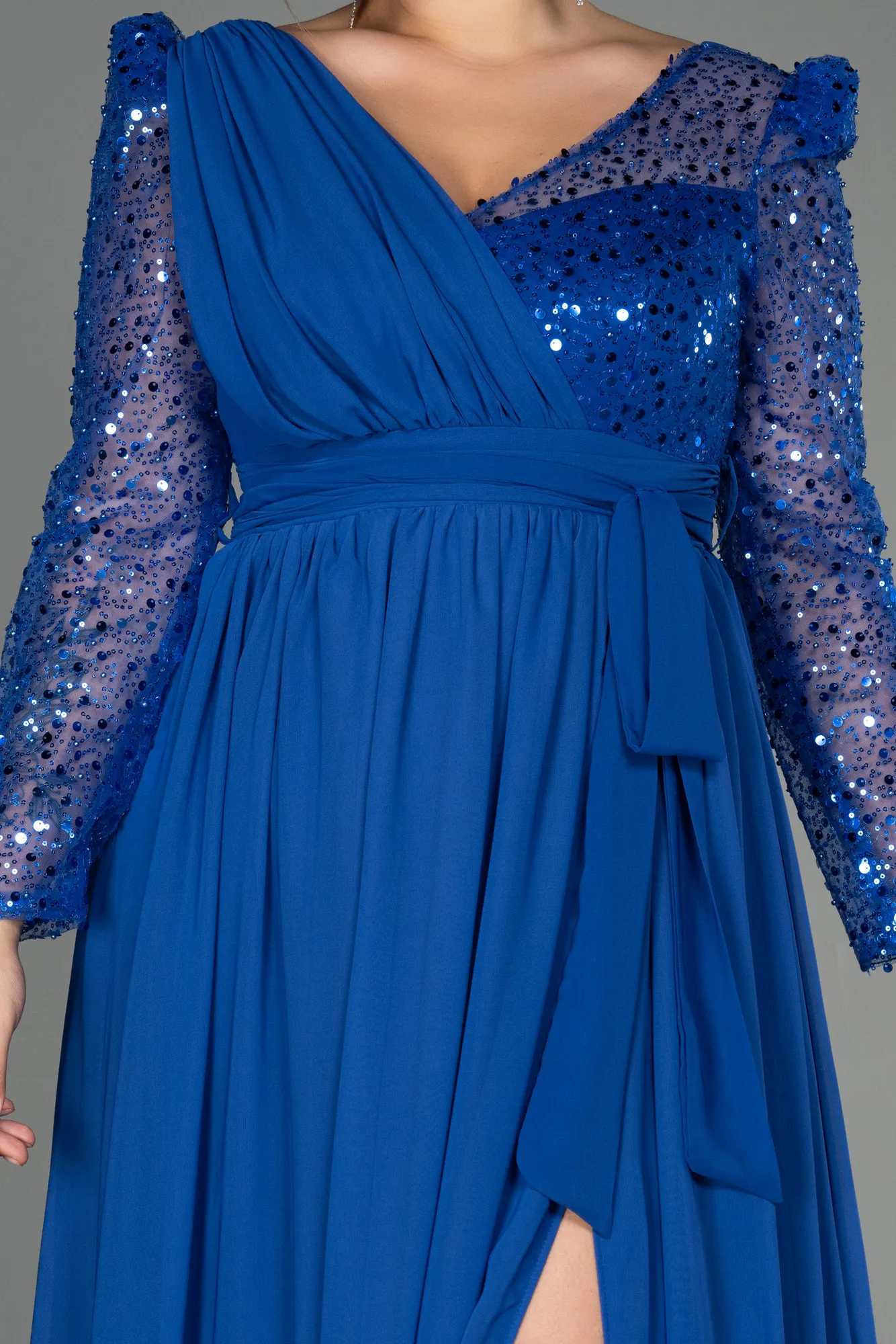 Sax Blue-Long Chiffon Plus Size Evening Dress ABU3186