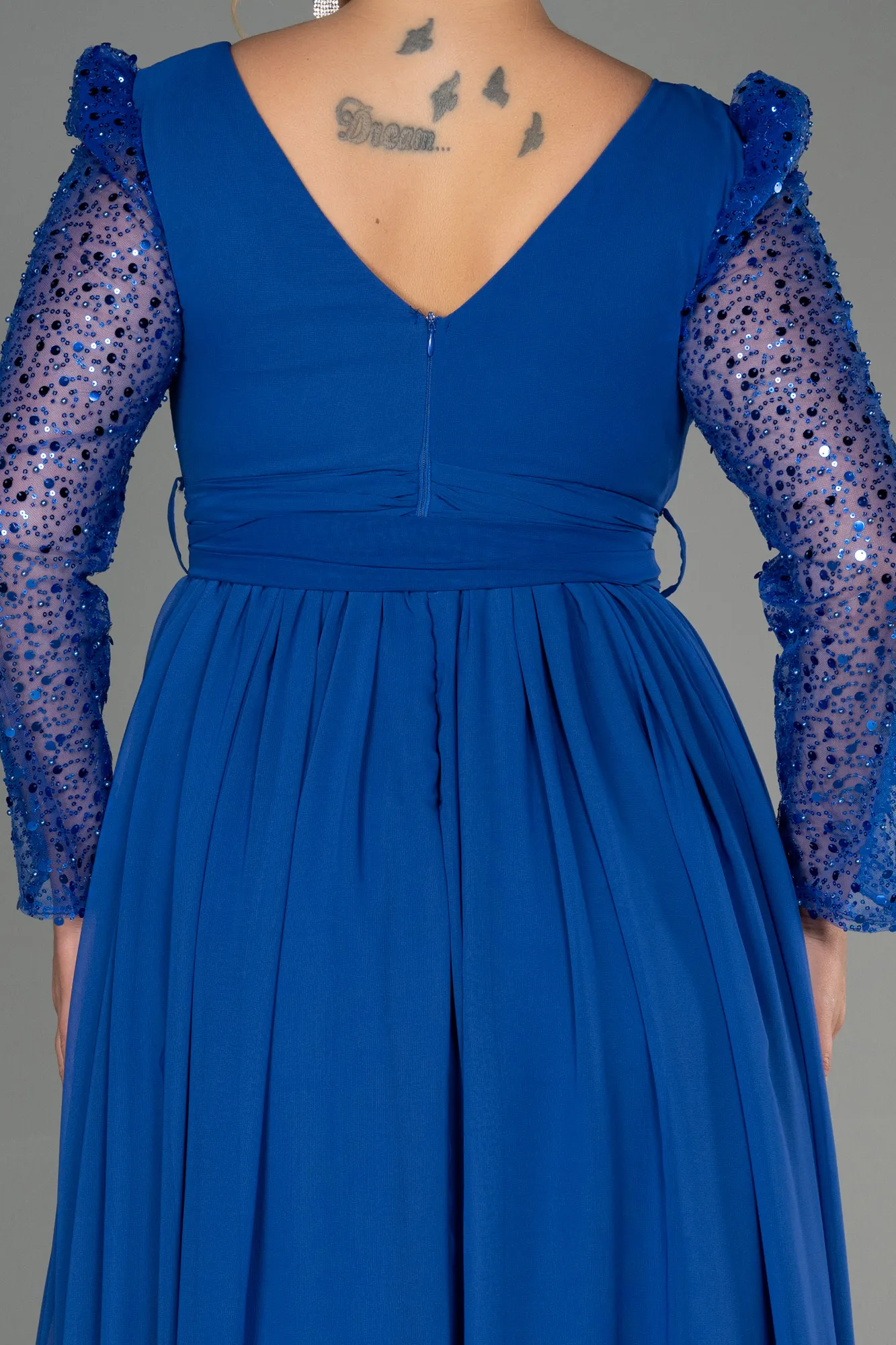 Sax Blue-Long Chiffon Plus Size Evening Dress ABU3186