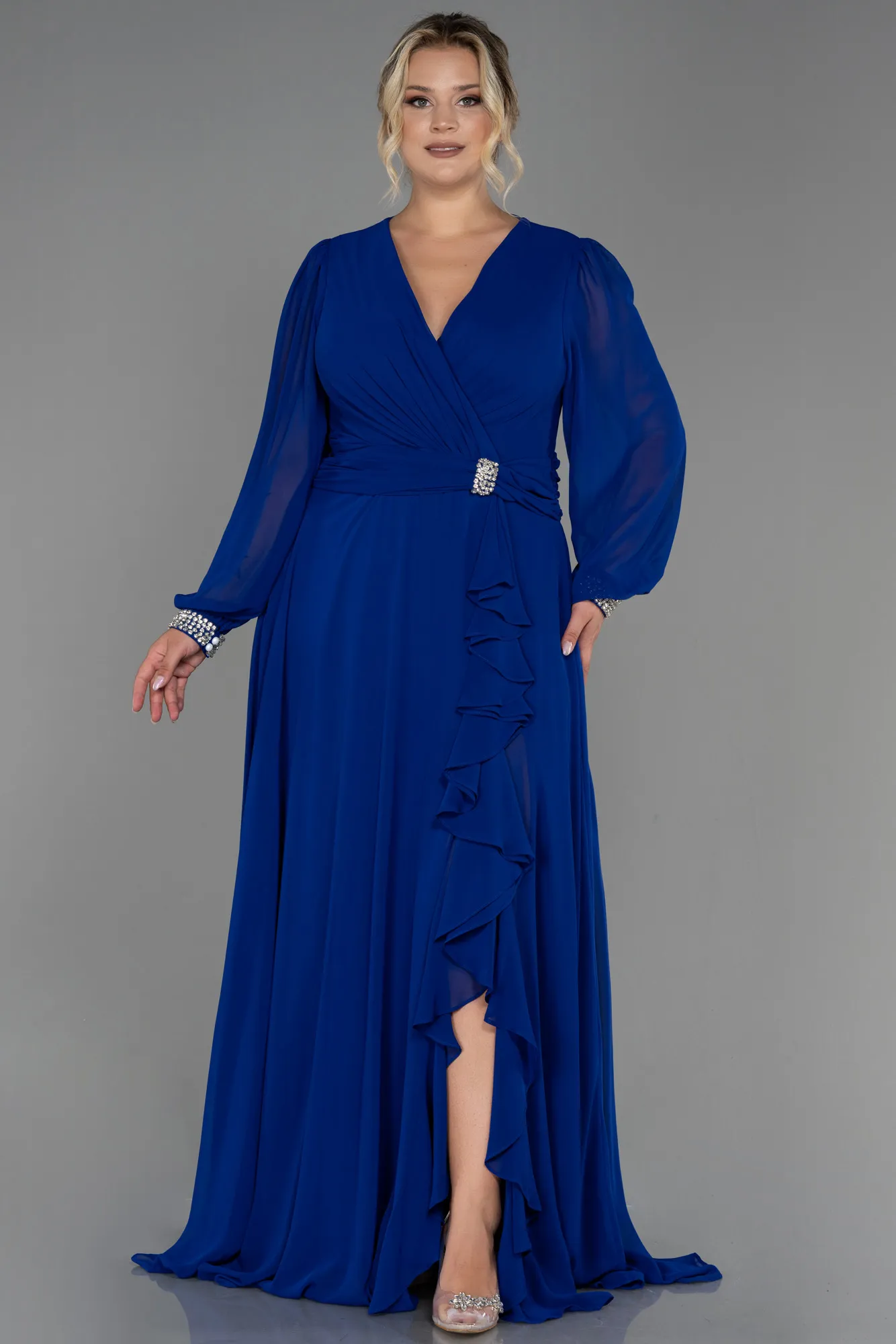 Sax Blue-Long Chiffon Plus Size Evening Dress ABU3222