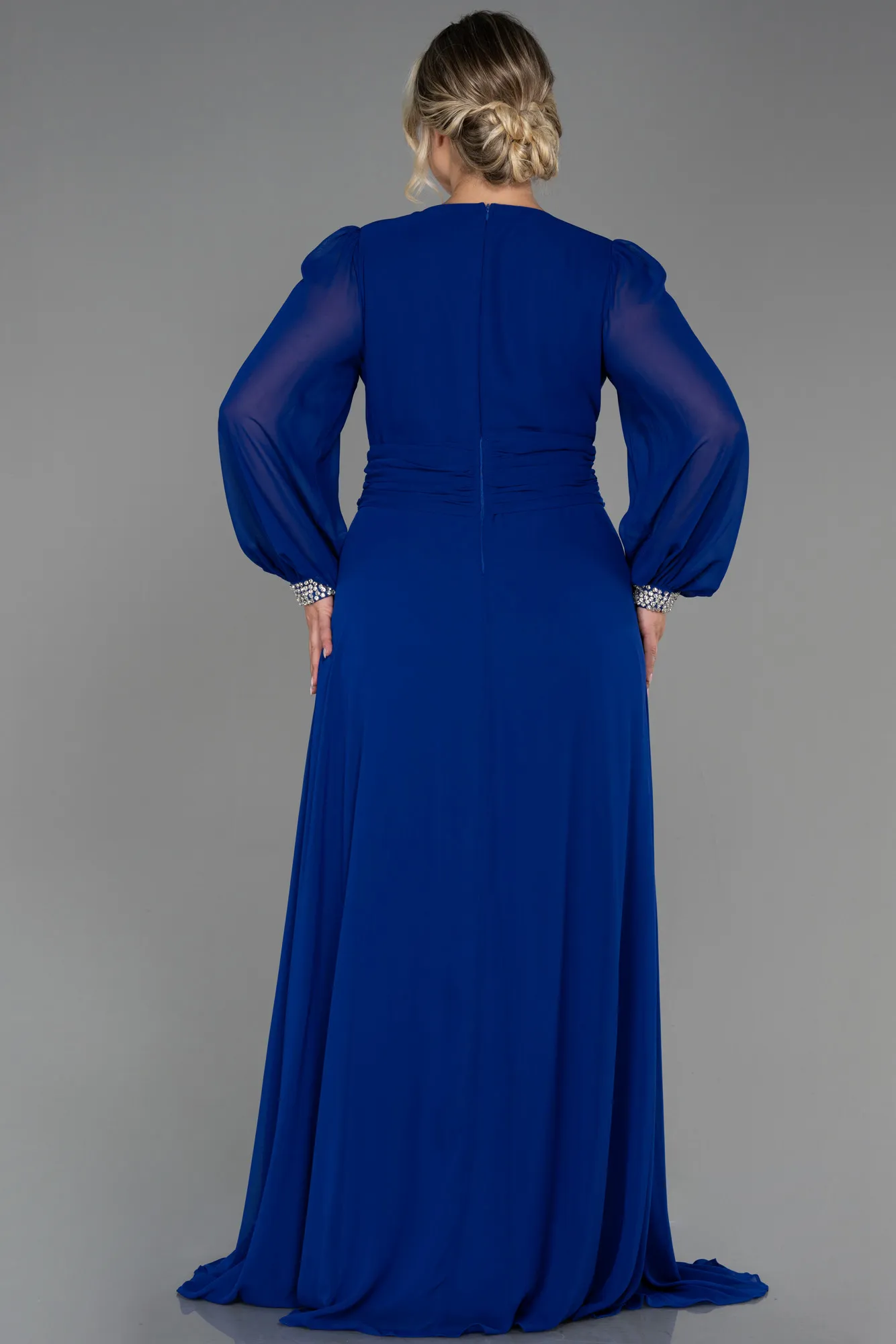 Sax Blue-Long Chiffon Plus Size Evening Dress ABU3222