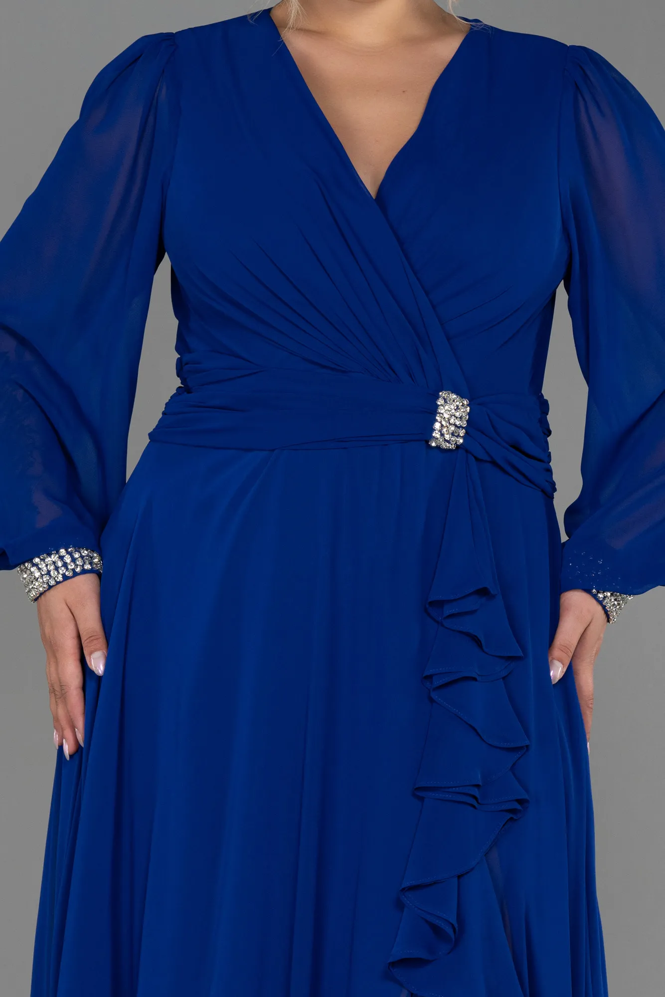 Sax Blue-Long Chiffon Plus Size Evening Dress ABU3222