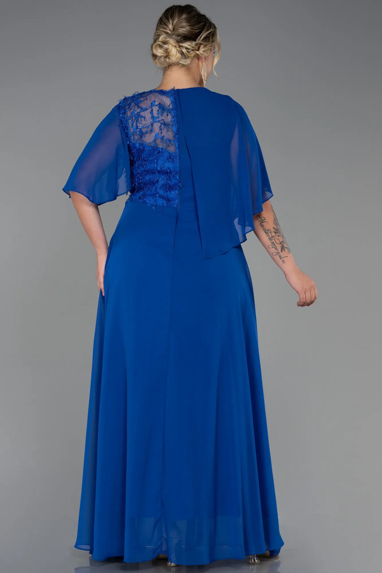 Sax Blue-Long Chiffon Plus Size Evening Dress ABU3257