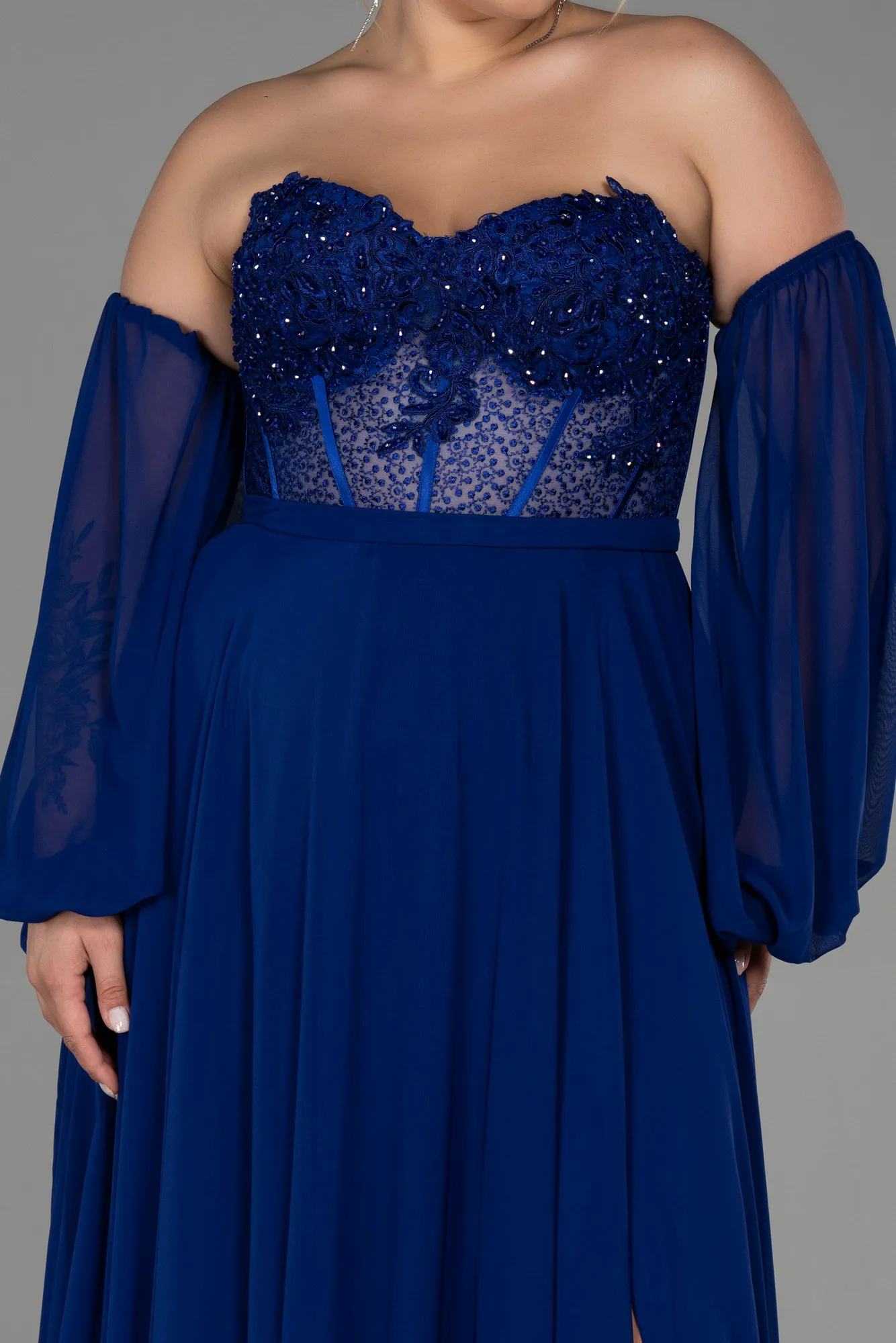 Sax Blue-Long Chiffon Plus Size Evening Dress ABU3451