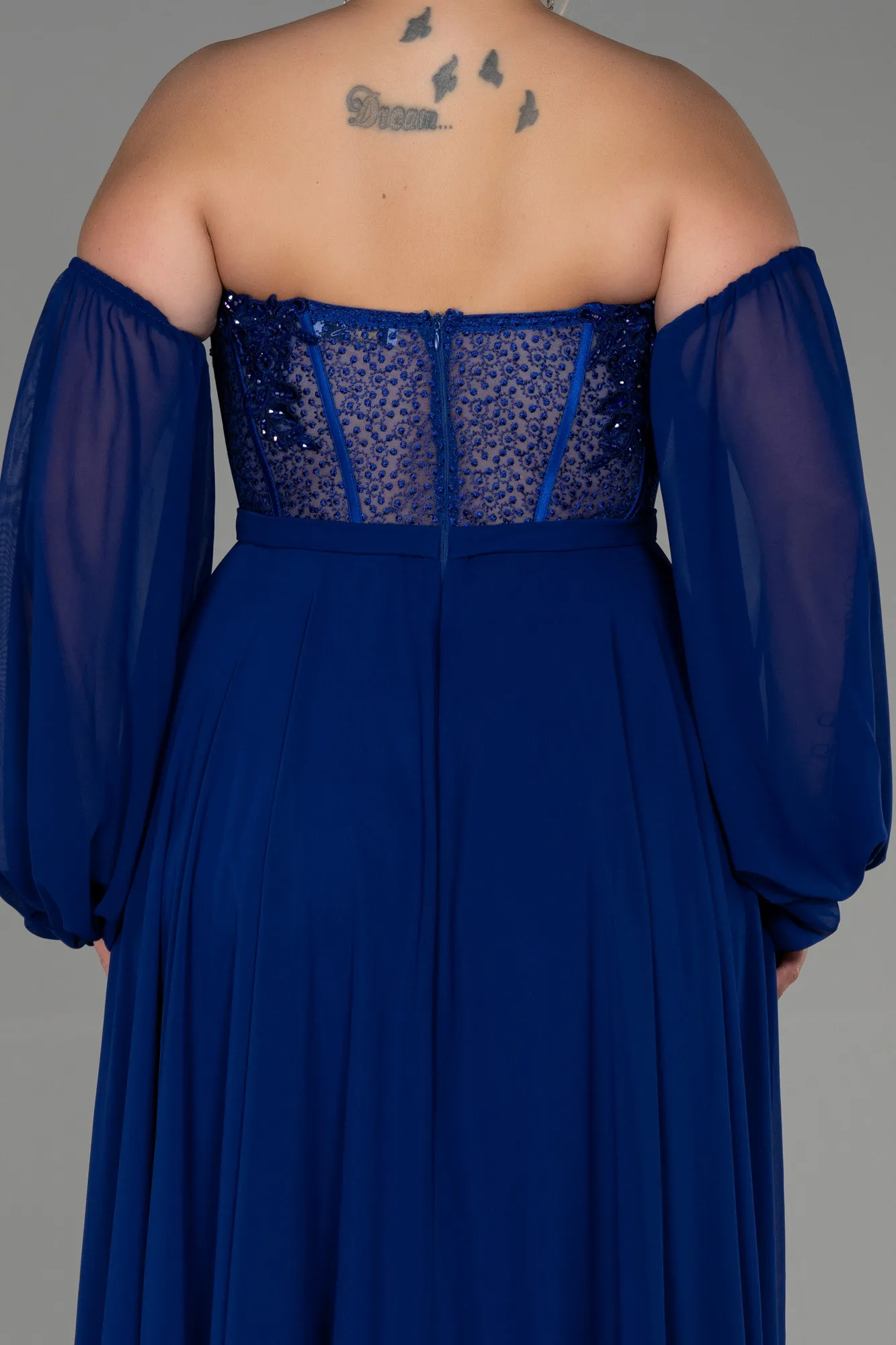 Sax Blue-Long Chiffon Plus Size Evening Dress ABU3451