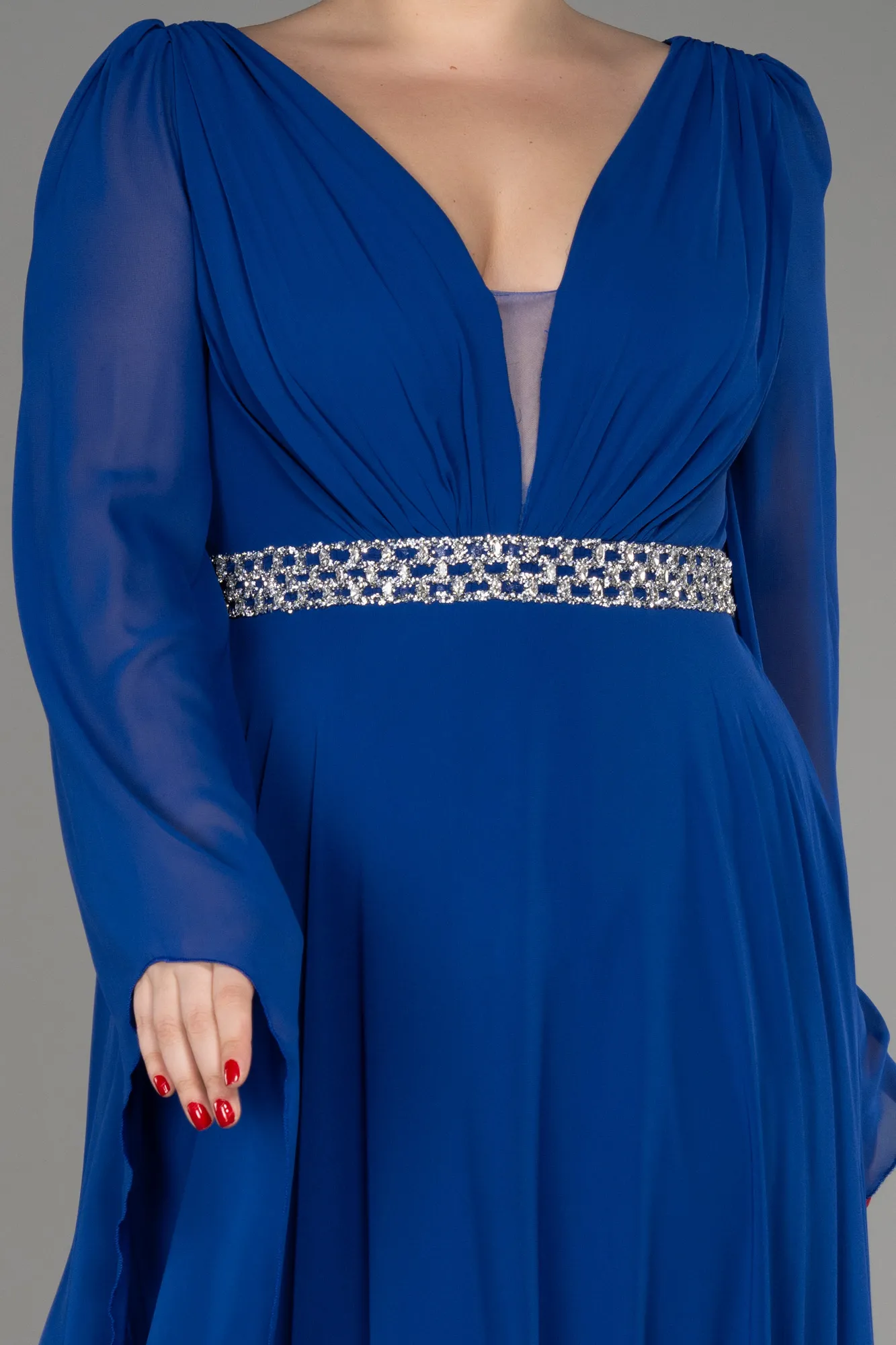 Sax Blue-Long Chiffon Plus Size Evening Dress ABU3543