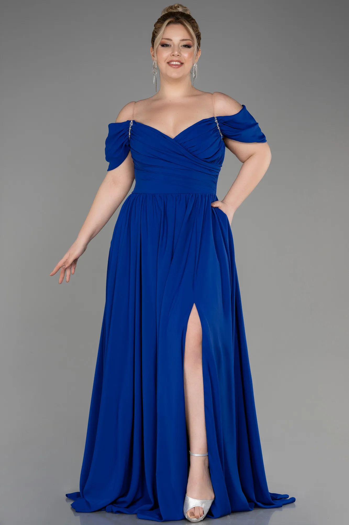 Sax Blue-Long Chiffon Plus Size Evening Dress ABU3738