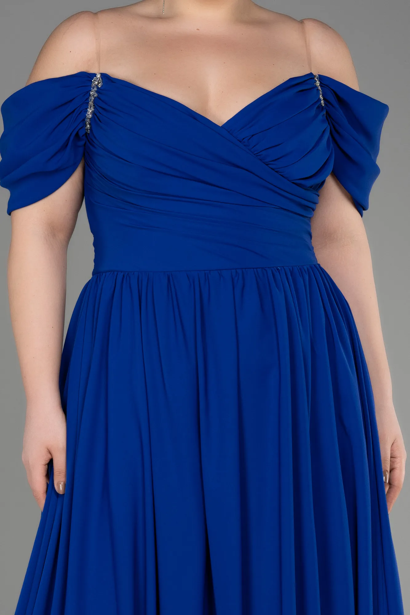 Sax Blue-Long Chiffon Plus Size Evening Dress ABU3738